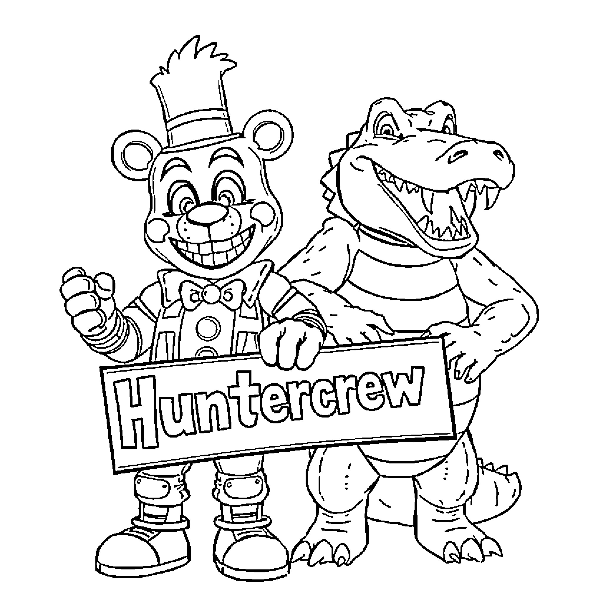 Glamrock Freddy and Huntercrew in Cartoon Outfits Coloring Page (free black-and-white line drawing printable PDF for all, from beginners to advanced learners, including children, teens, adults, and seniors)