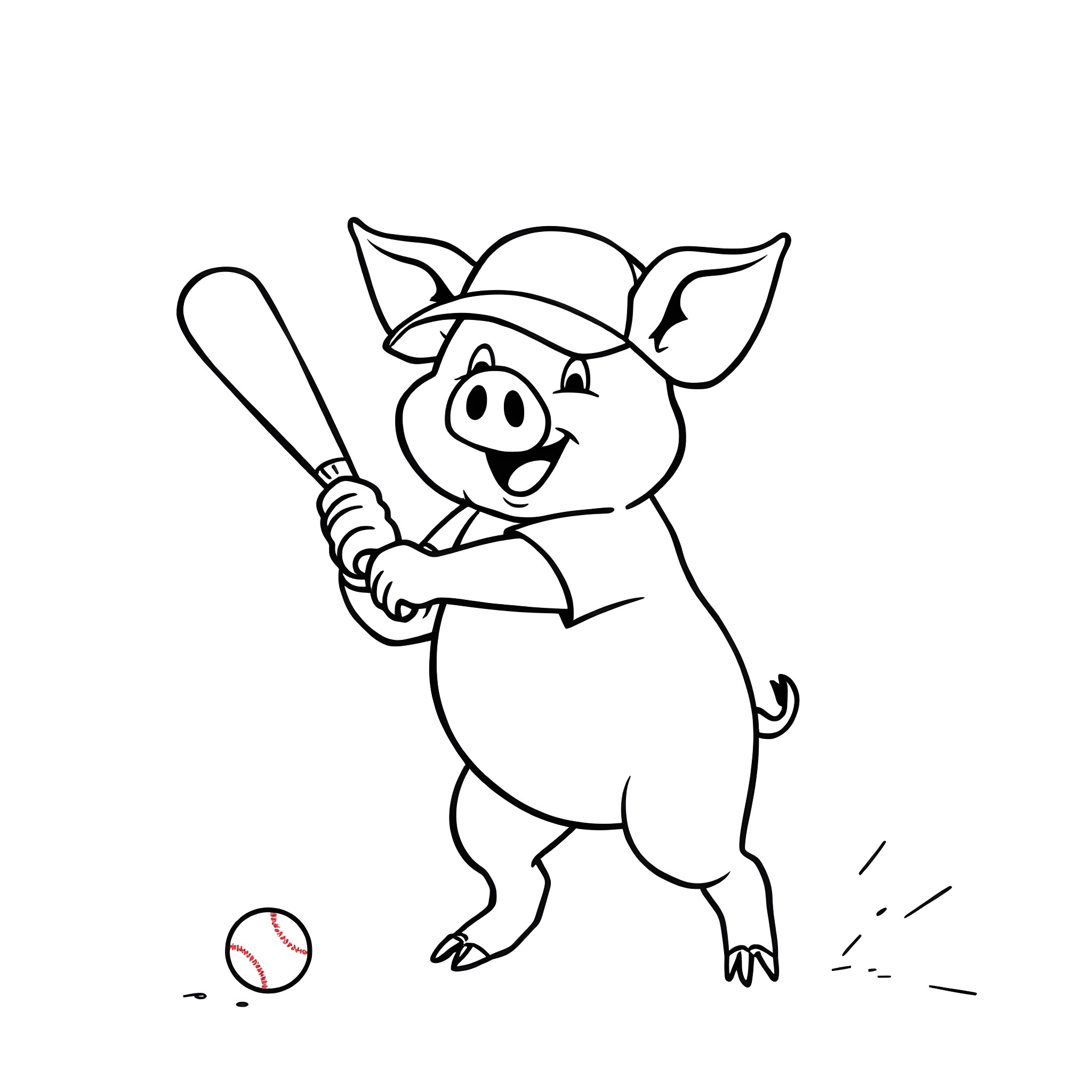 Pig playing baseball enthusiastically Coloring Page (free black-and-white line drawing printable PDF for all, from beginners to advanced learners, including children, teens, adults, and seniors)