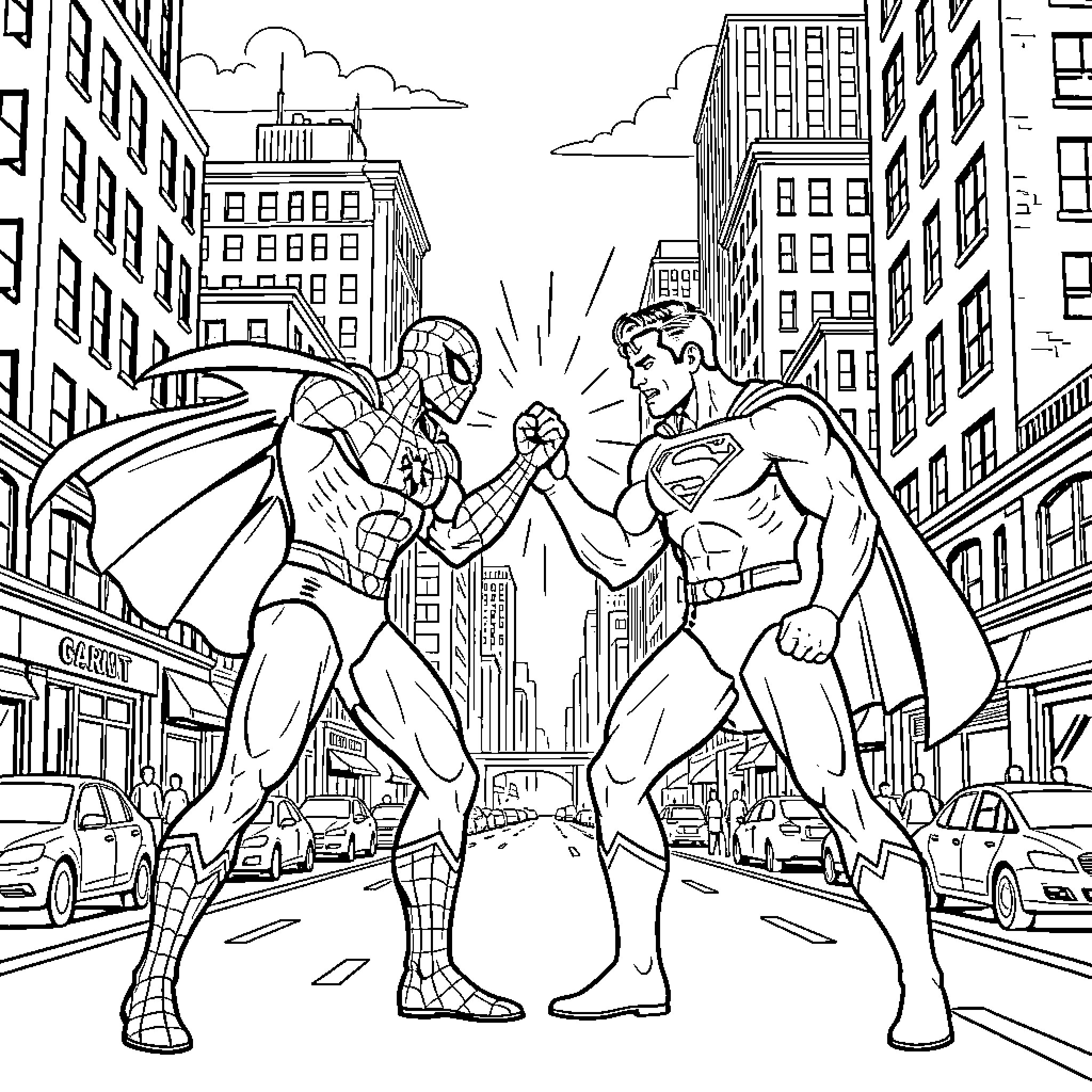 Spiderman and Superman facing off in a city street Coloring Page (free black-and-white line drawing printable PDF for all, from beginners to advanced learners, including children, teens, adults, and seniors)