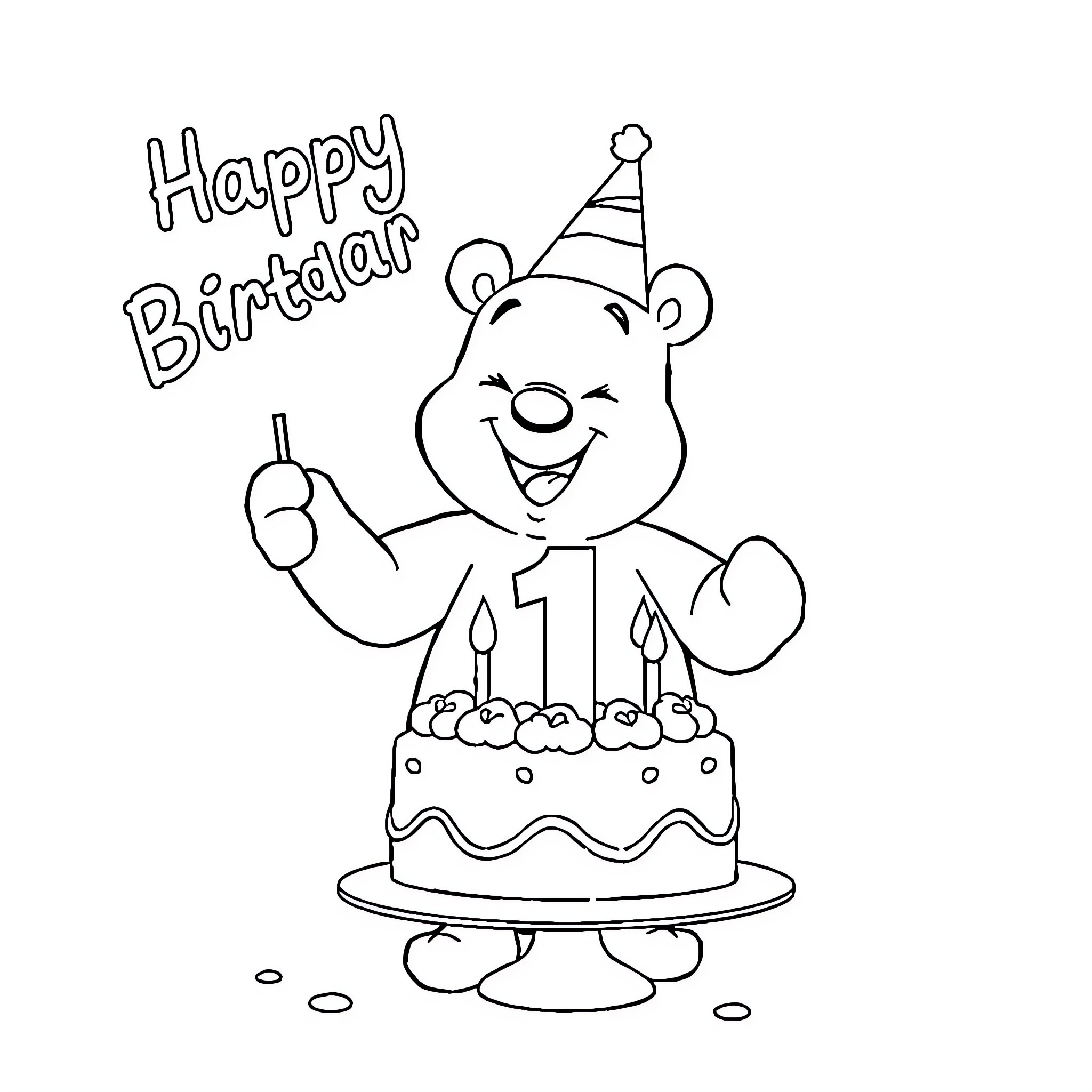 Winnie The Pooh celebrates his birthday with a cake Coloring Page (free black-and-white line drawing printable PDF for all, from beginners to advanced learners, including children, teens, adults, and seniors)