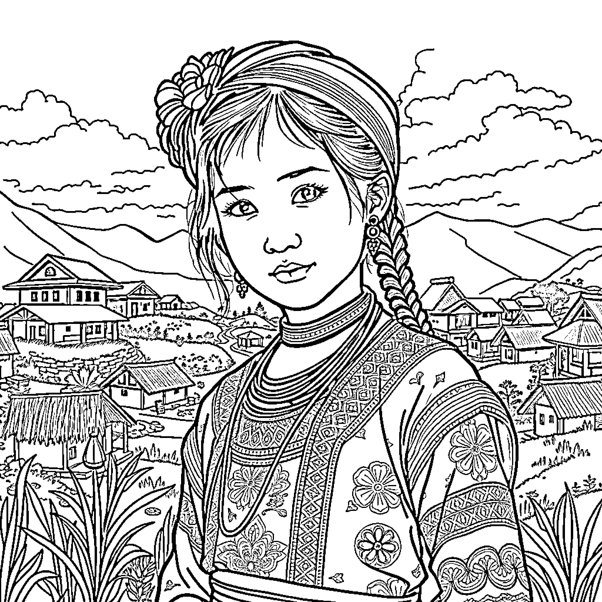 Hmong Girl in Intricate Floral Attire Coloring Page (free black-and-white line drawing printable PDF for all, from beginners to advanced learners, including children, teens, adults, and seniors)