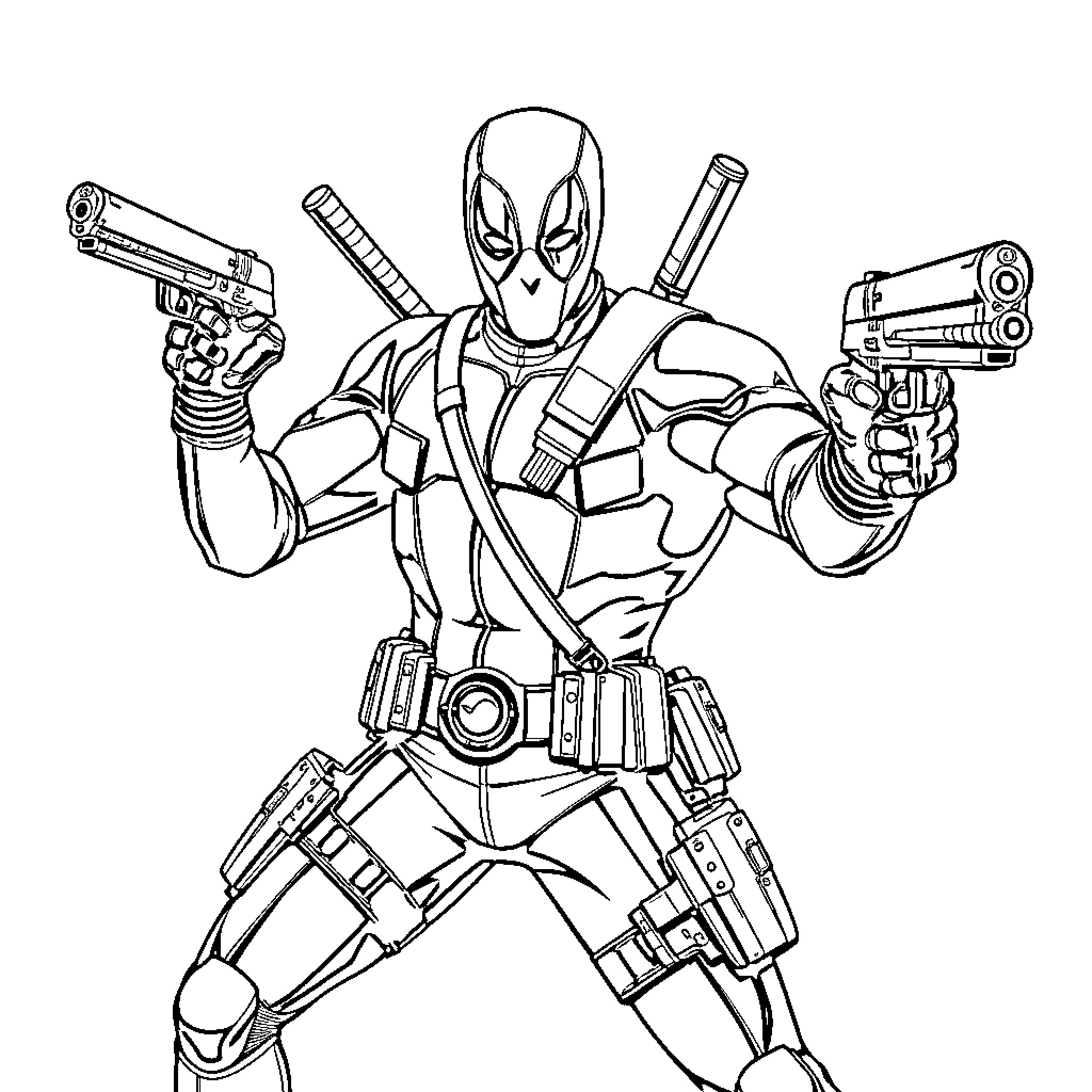 Deadpool in action with weapons and combat gear Coloring Page (free black-and-white line drawing printable PDF for all, from beginners to advanced learners, including children, teens, adults, and seniors)