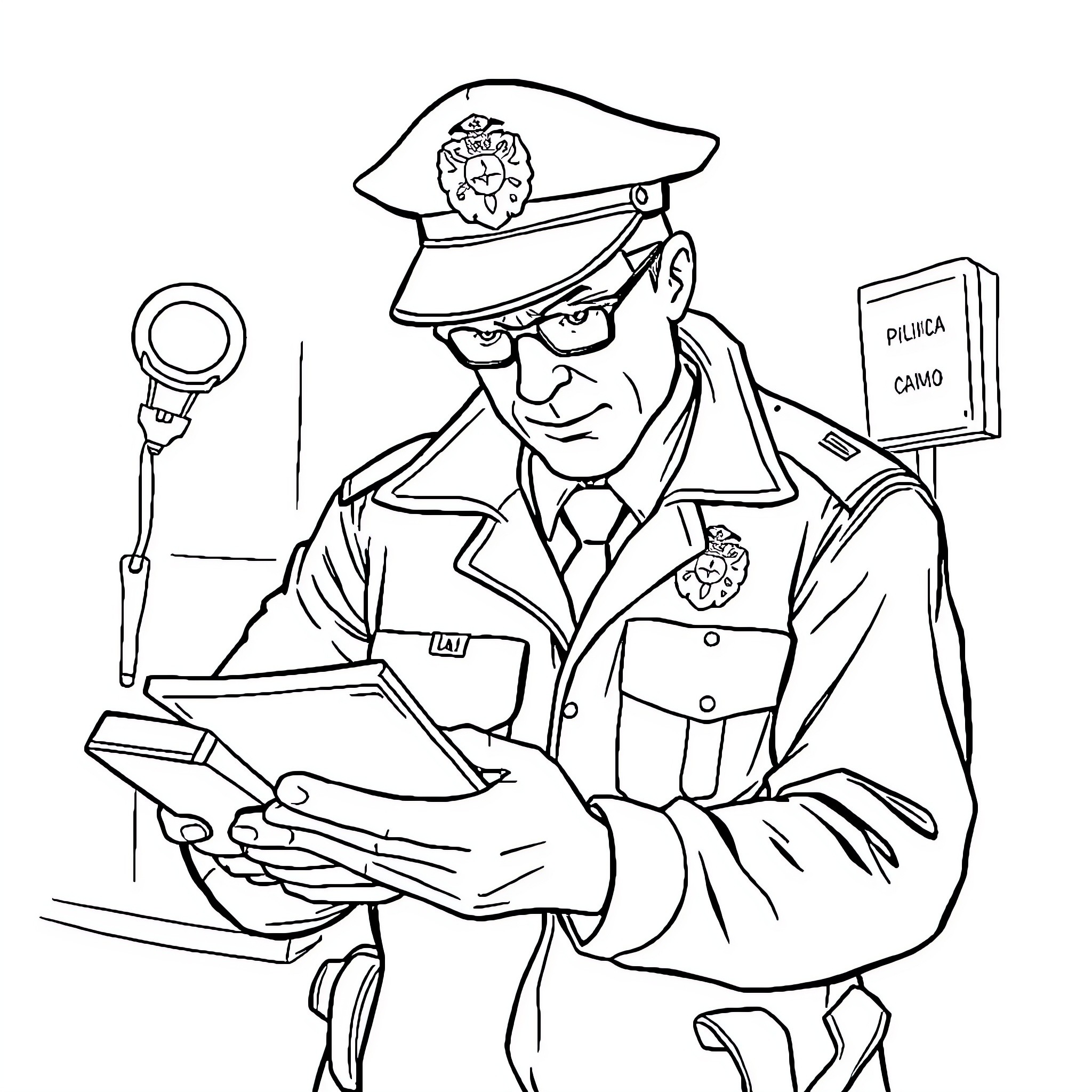 Civil Investigator Reviewing Police Records in Office Coloring Page (free black-and-white line drawing printable PDF for all, from beginners to advanced learners, including children, teens, adults, and seniors)