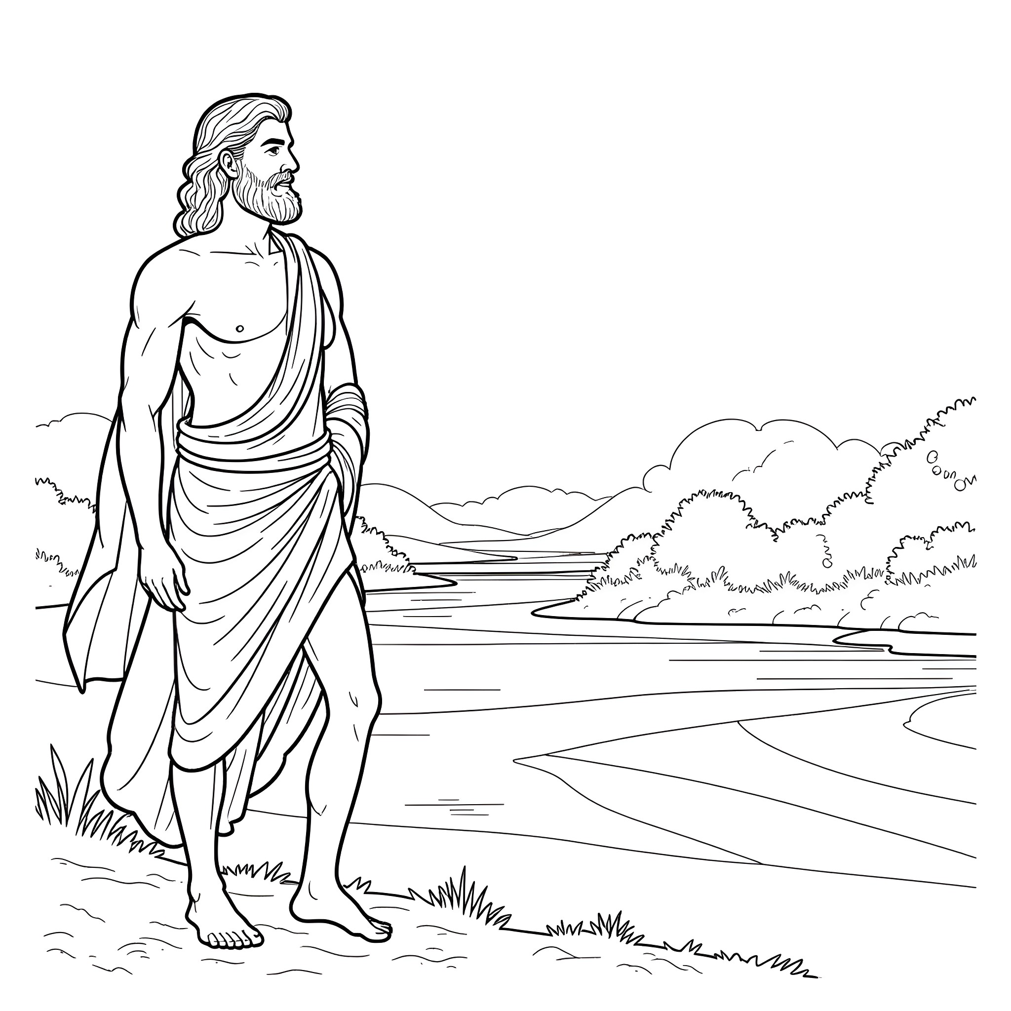 Greek God standing in serene landscape Coloring Page (free black-and-white line drawing printable PDF for all, from beginners to advanced learners, including children, teens, adults, and seniors)