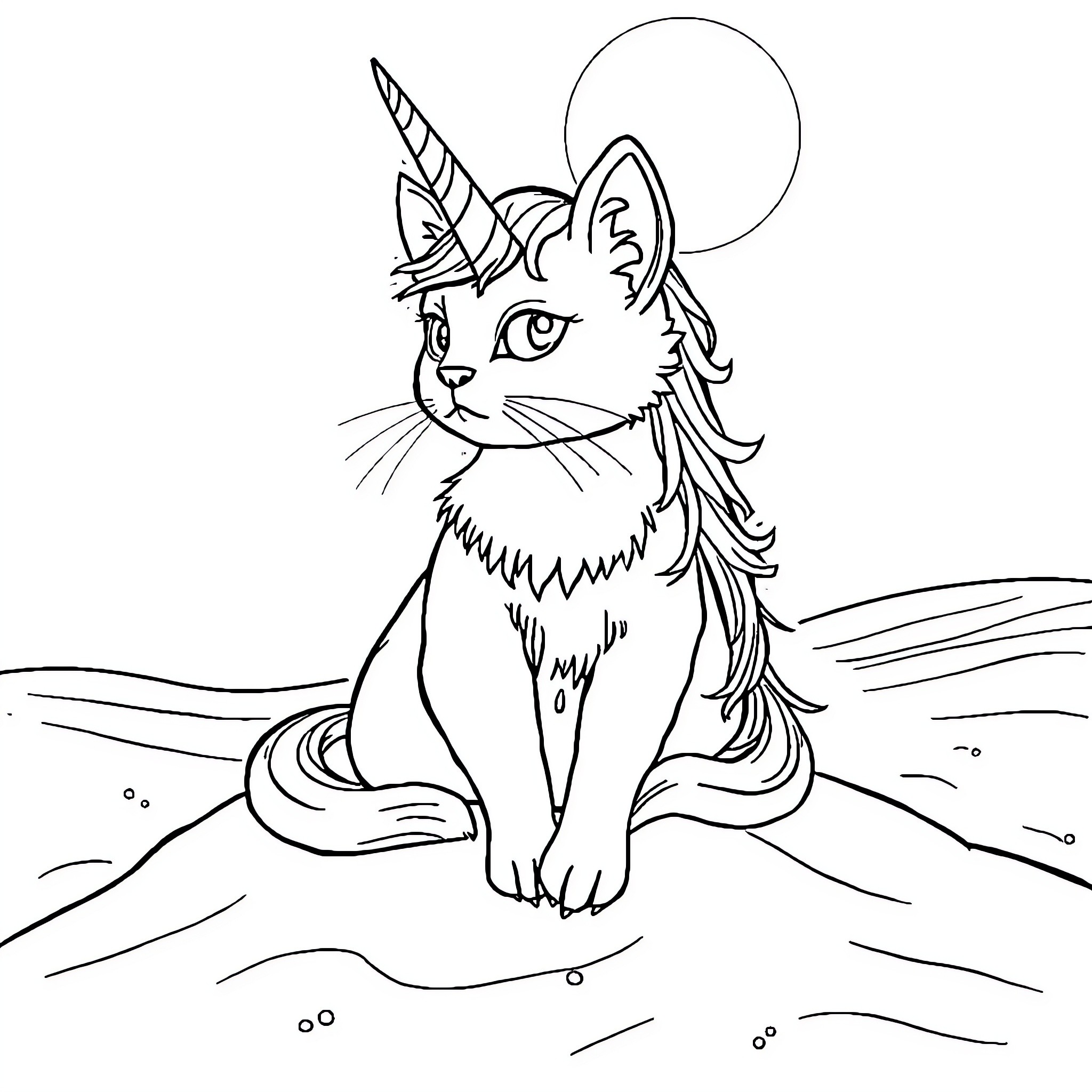 Unicorn Cat in Magical Landscape Coloring Page (free black-and-white line drawing printable PDF for all, from beginners to advanced learners, including children, teens, adults, and seniors)