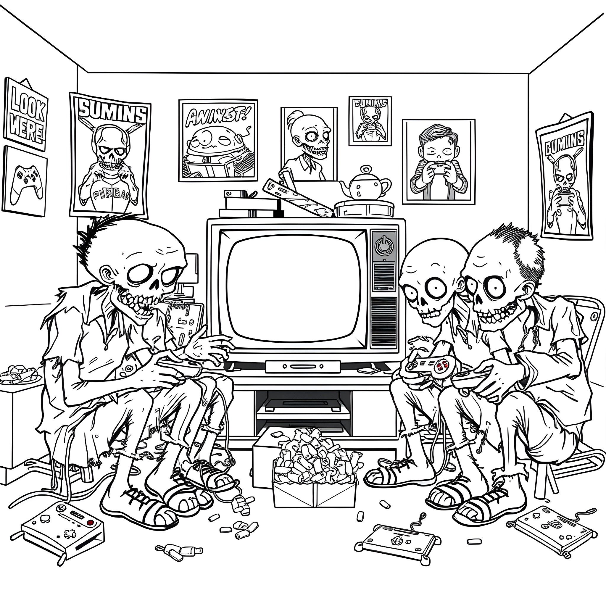 Zombie gamers watching TV in messy gaming room Coloring Page (free black-and-white line drawing printable PDF for all, from beginners to advanced learners, including children, teens, adults, and seniors)