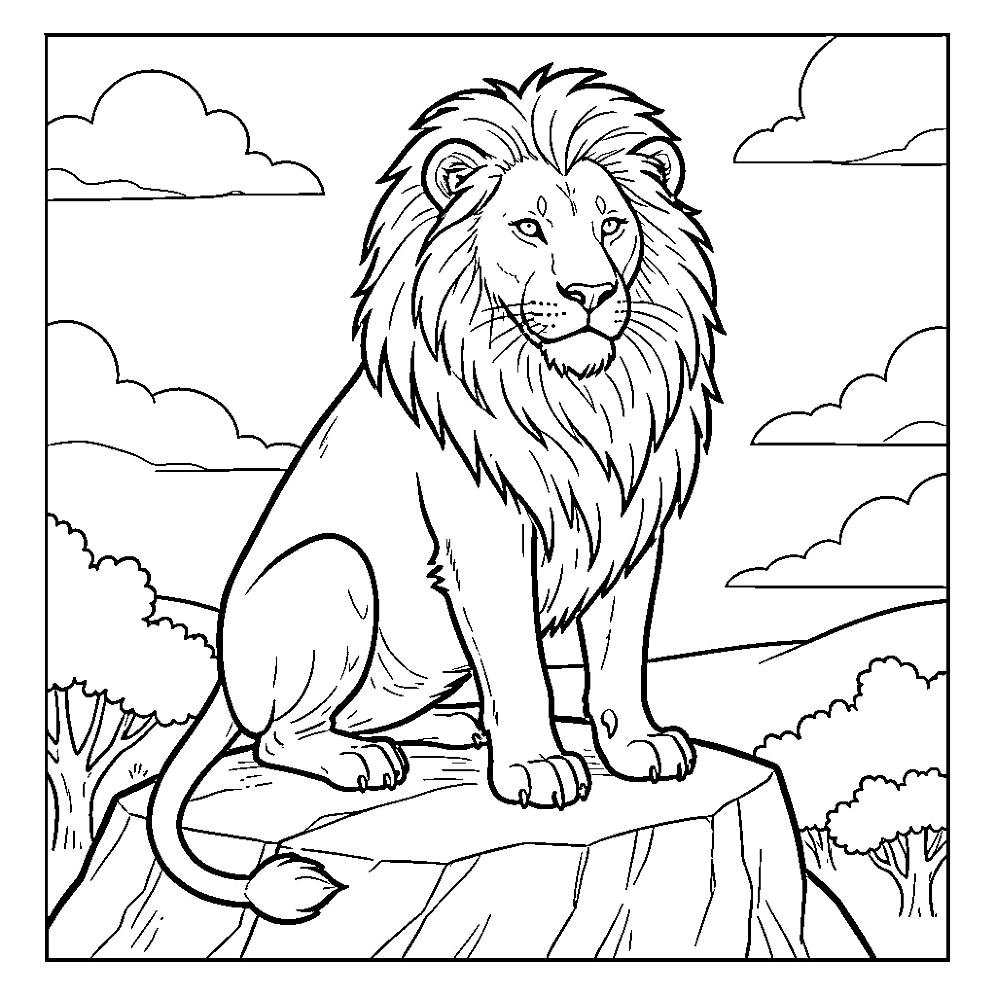 Lion sitting atop rocky outcrop in scenic landscape Coloring Page (free black-and-white line drawing printable PDF for all, from beginners to advanced learners, including children, teens, adults, and seniors)