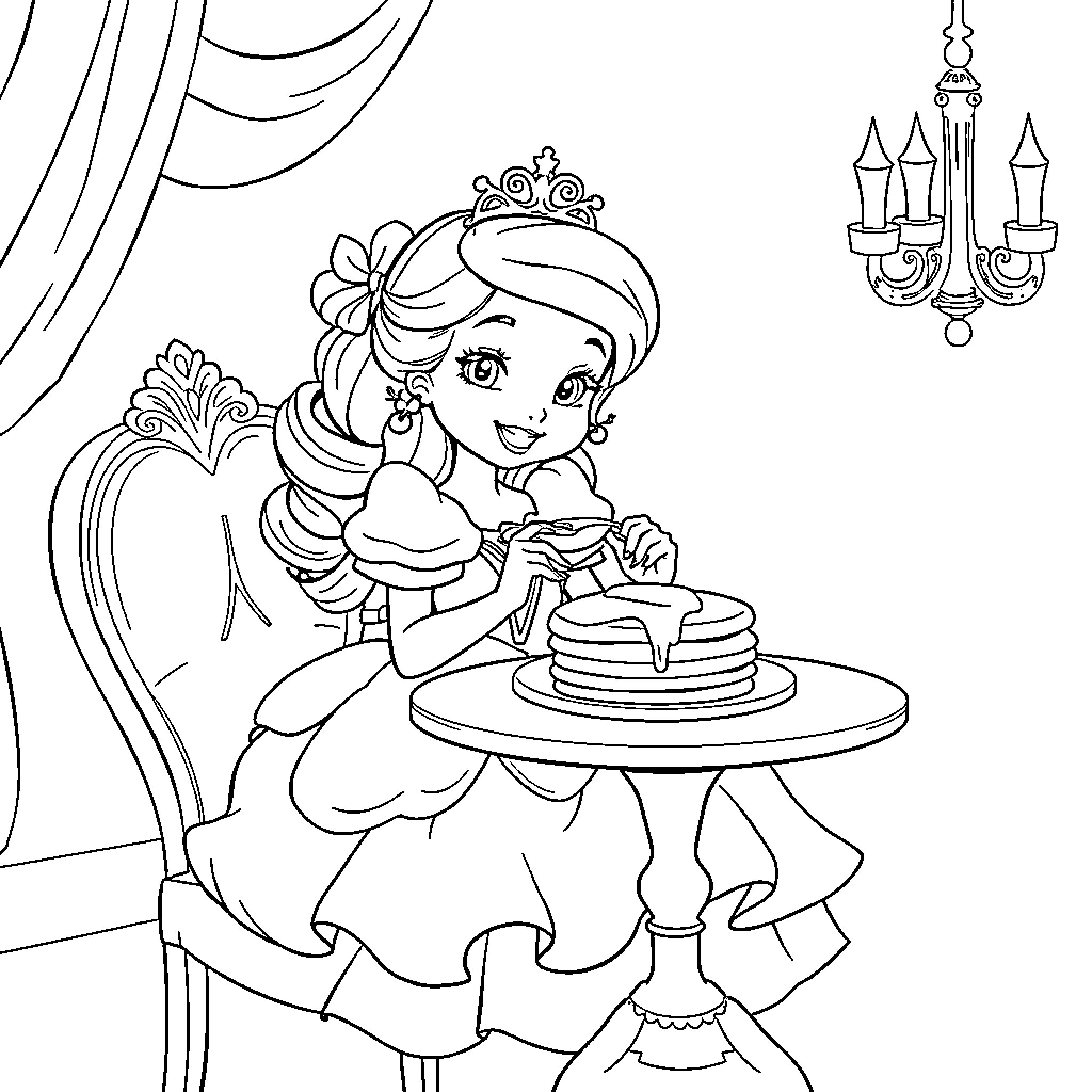 Princess Enjoying a Delightful Dessert Coloring Page (free black-and-white line drawing printable PDF for all, from beginners to advanced learners, including children, teens, adults, and seniors)