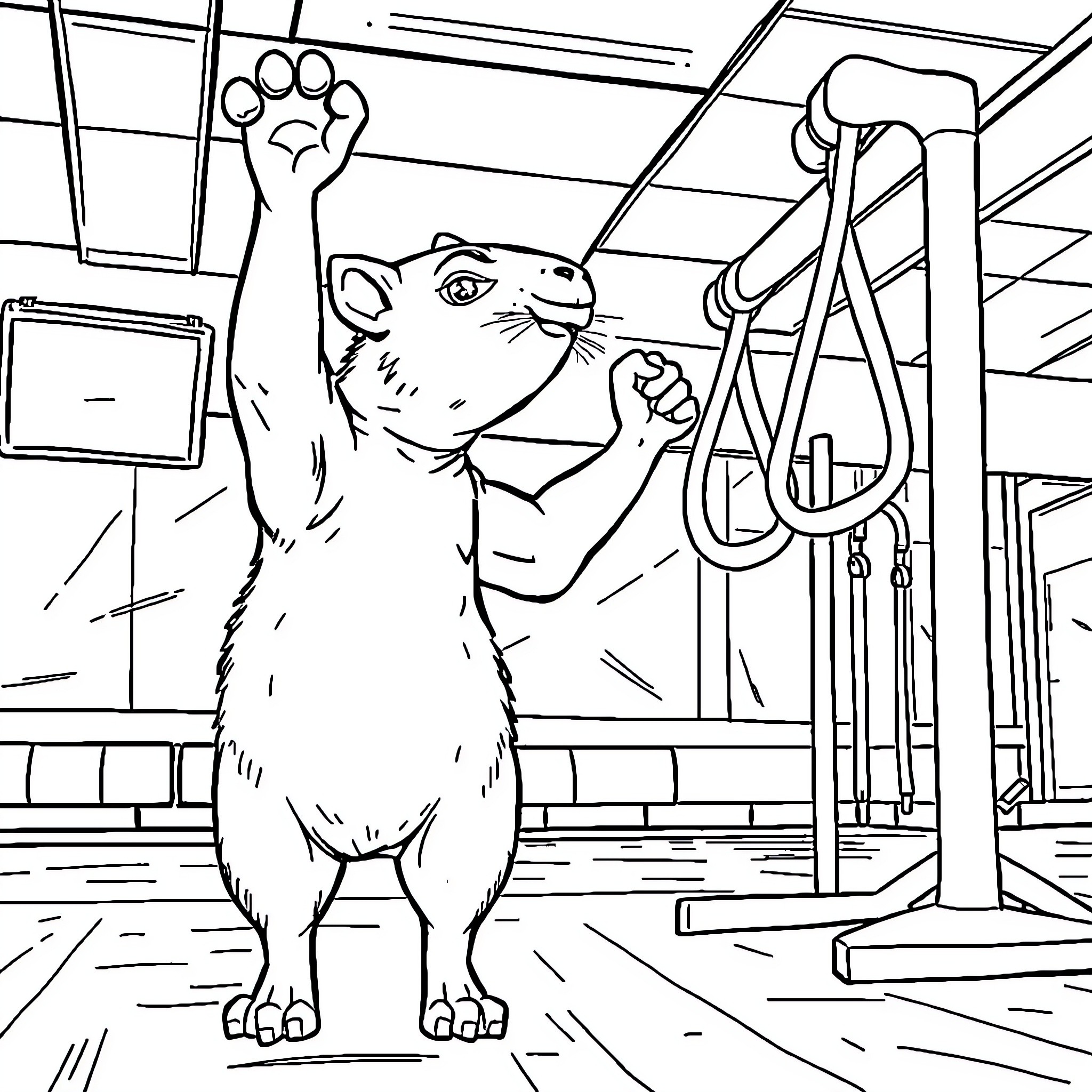 Capybara working out at the gym Coloring Page (free black-and-white line drawing printable PDF for all, from beginners to advanced learners, including children, teens, adults, and seniors)