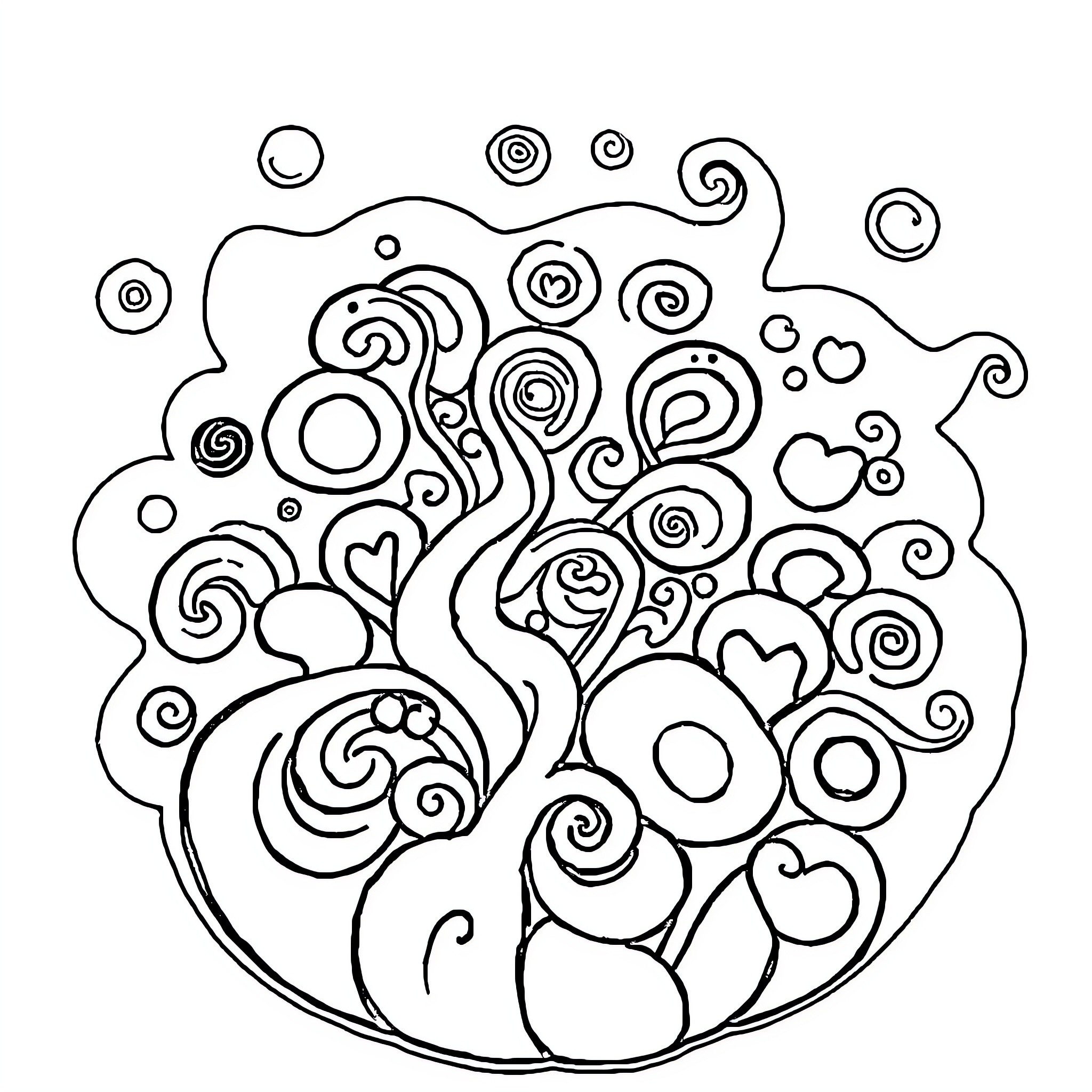 Doodle of Playful Shapes and Swirls Coloring Page (free black-and-white line drawing printable PDF for all, from beginners to advanced learners, including children, teens, adults, and seniors)