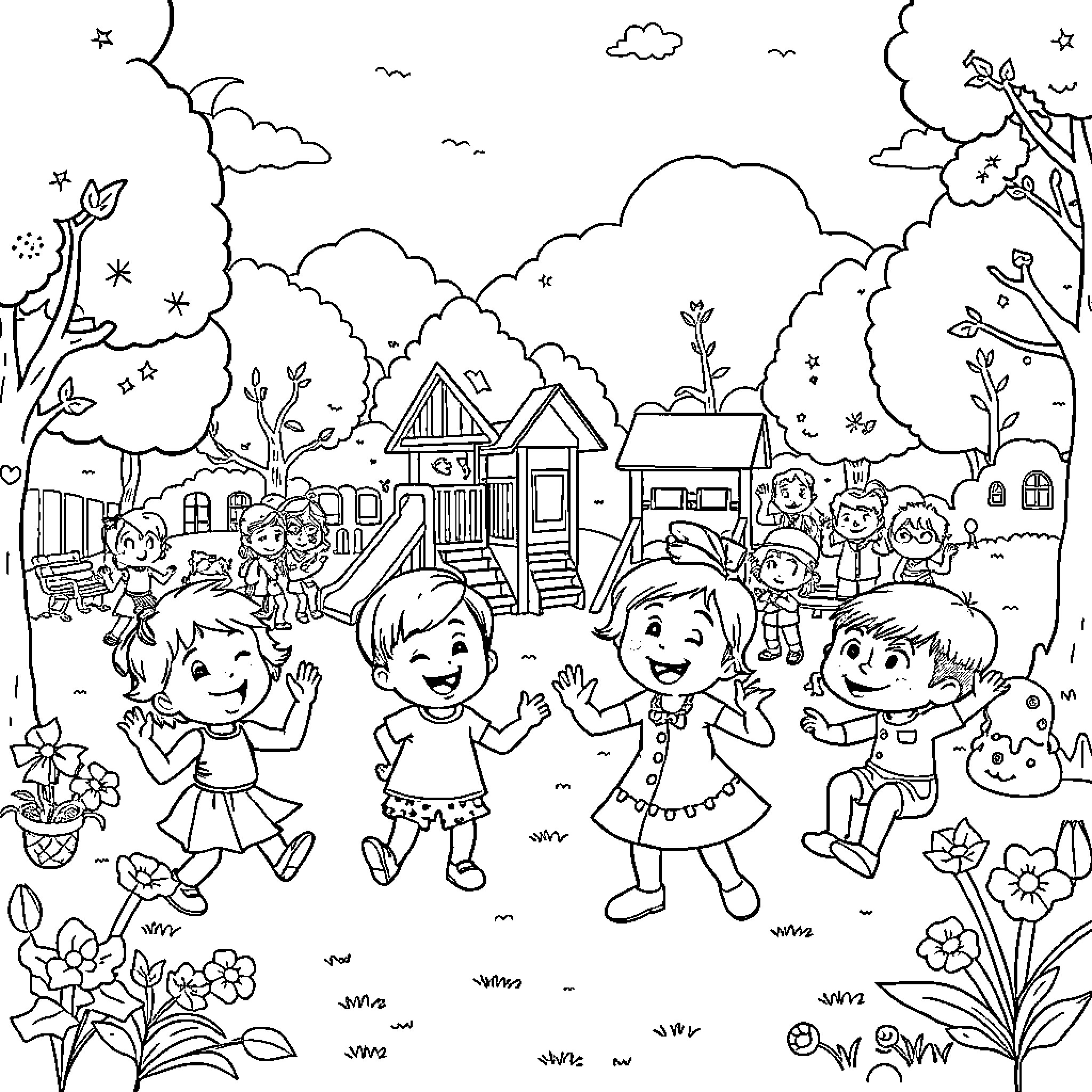 Night Garden Children Playing Happily Outdoors Coloring Page (free black-and-white line drawing printable PDF for all, from beginners to advanced learners, including children, teens, adults, and seniors)
