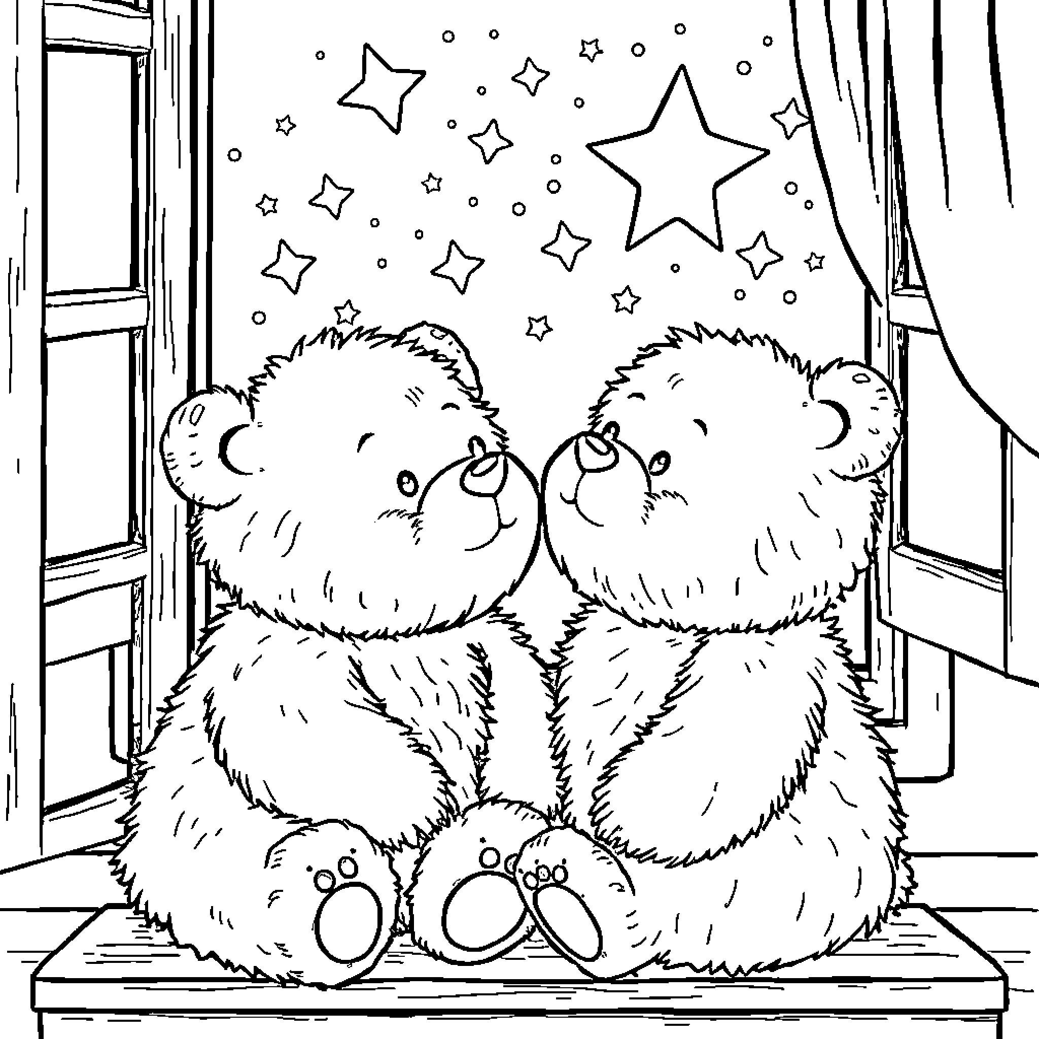Bear Plush Toys Admiring Starry Night Coloring Page (free black-and-white line drawing printable PDF for all, from beginners to advanced learners, including children, teens, adults, and seniors)