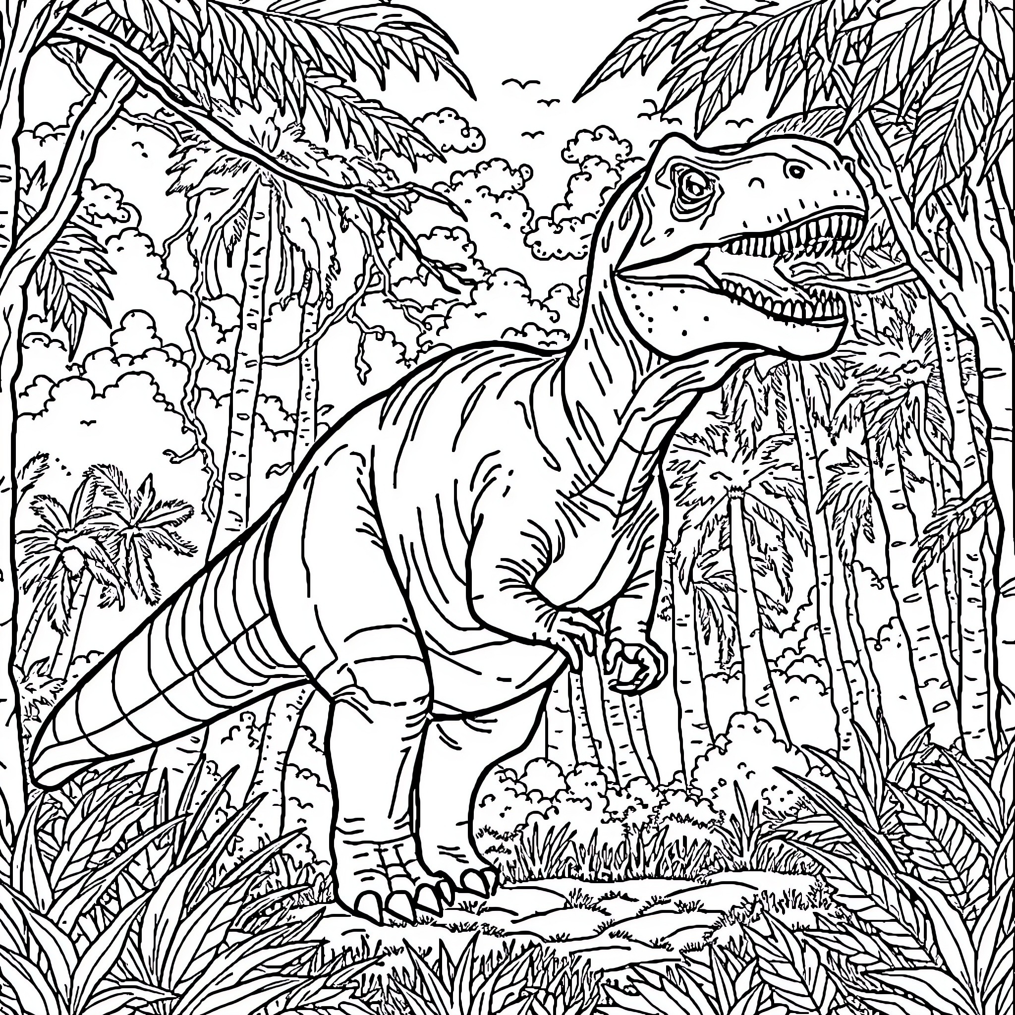 Dinosaur roaming through a tropical forest Coloring Page (free black-and-white line drawing printable PDF for all, from beginners to advanced learners, including children, teens, adults, and seniors)