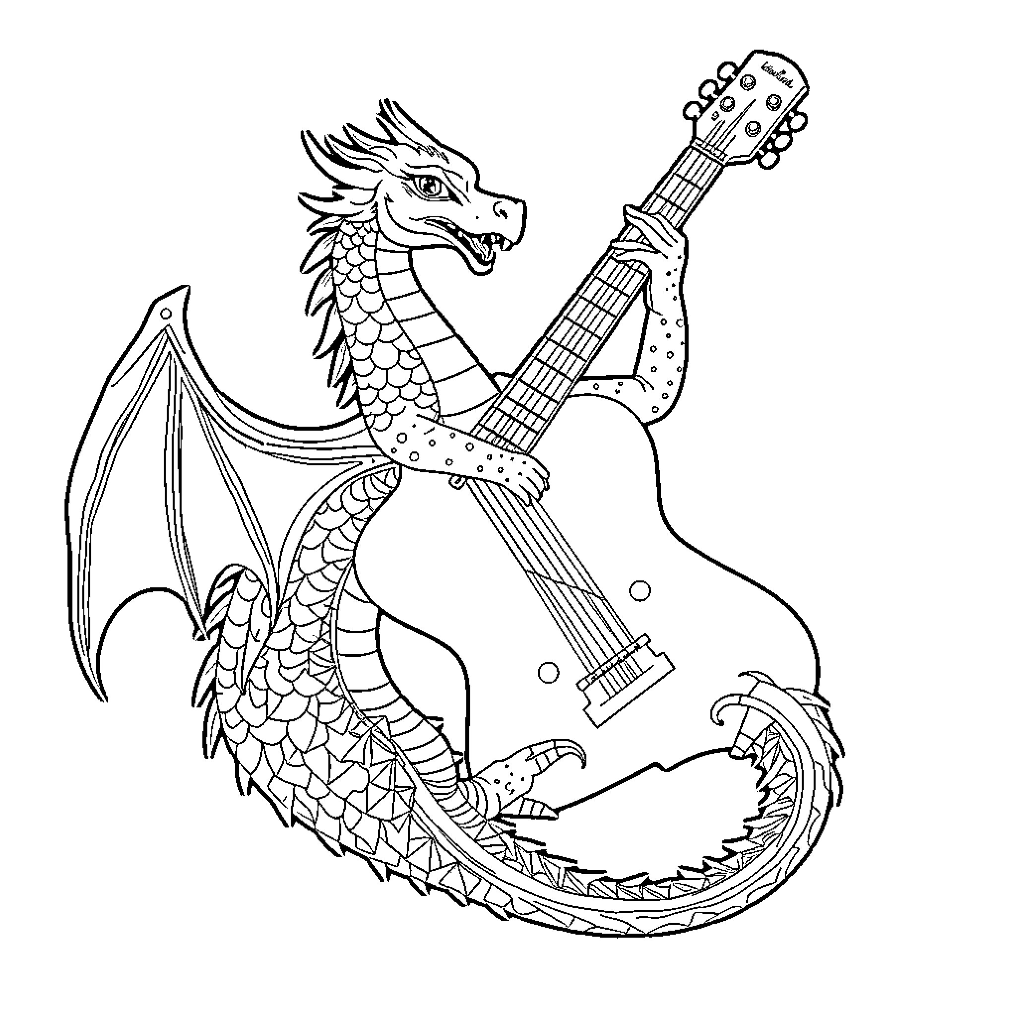 Dragon playing electric guitar with enthusiasm Coloring Page (free black-and-white line drawing printable PDF for all, from beginners to advanced learners, including children, teens, adults, and seniors)