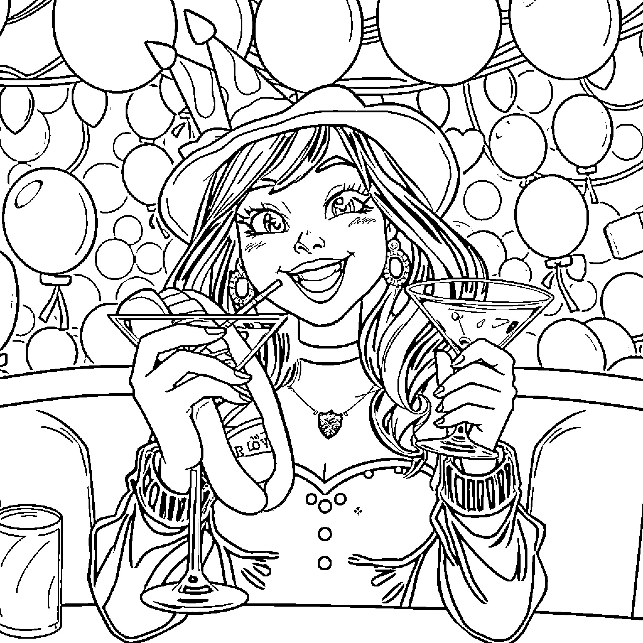 Girl celebrating at a party with drinks Coloring Page (free black-and-white line drawing printable PDF for all, from beginners to advanced learners, including children, teens, adults, and seniors)