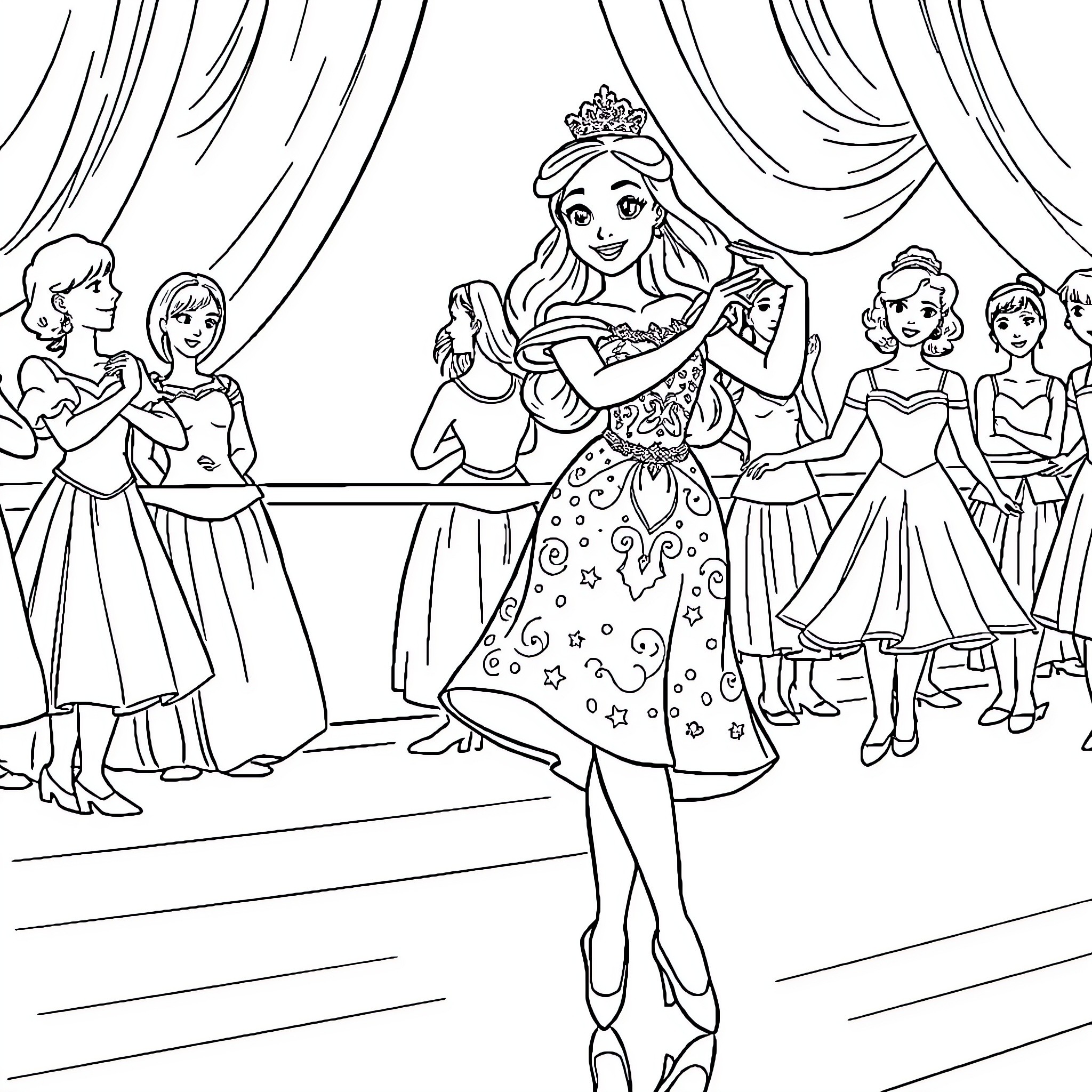 Princess Celebrating at a Royal Ball Coloring Page (free black-and-white line drawing printable PDF for all, from beginners to advanced learners, including children, teens, adults, and seniors)