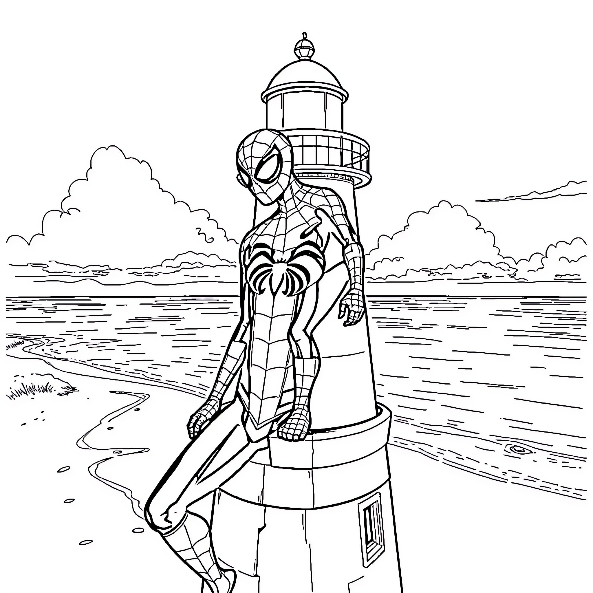 Spiderman perched atop a lighthouse, overlooking the ocean Coloring Page (free black-and-white line drawing printable PDF for all, from beginners to advanced learners, including children, teens, adults, and seniors)