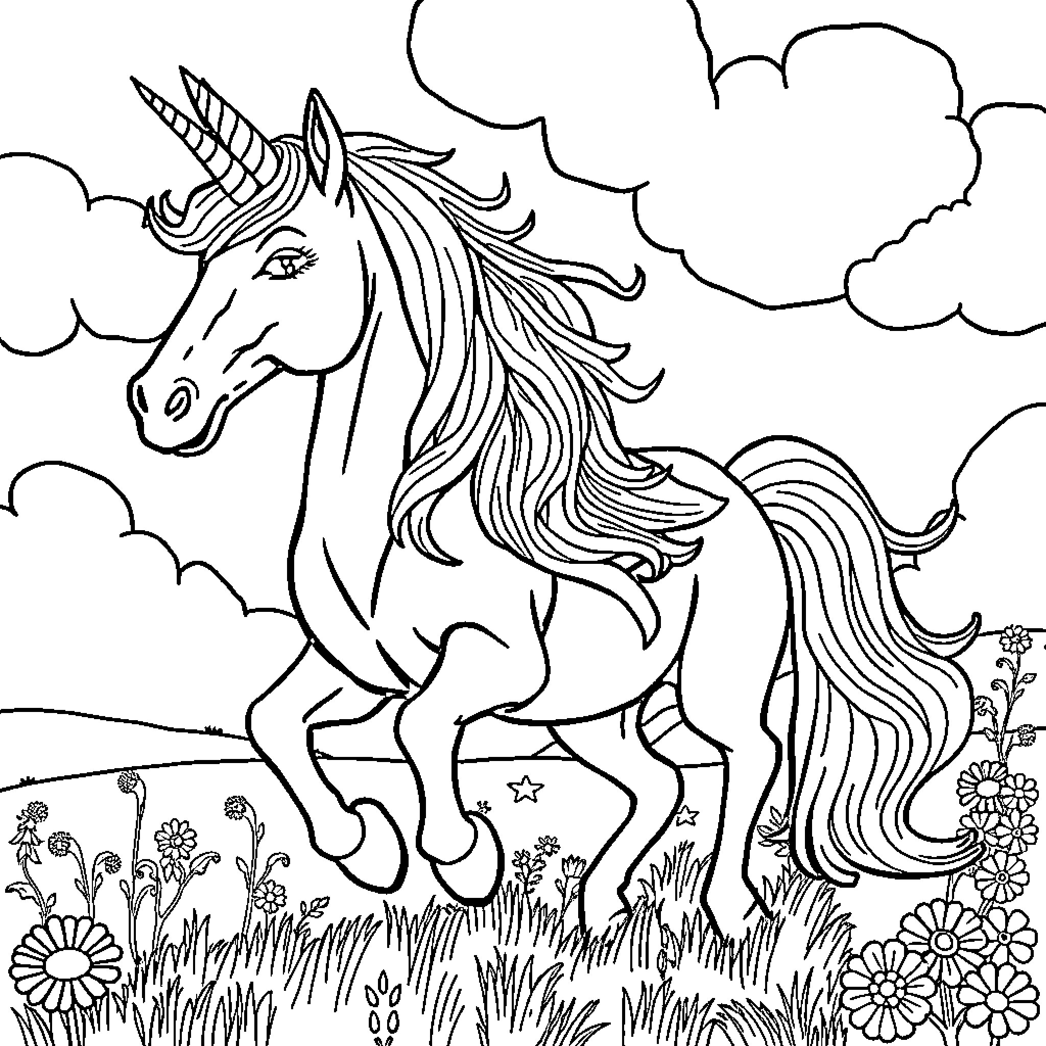 Unicorn galloping through a magical meadow Coloring Page (free black-and-white line drawing printable PDF for all, from beginners to advanced learners, including children, teens, adults, and seniors)