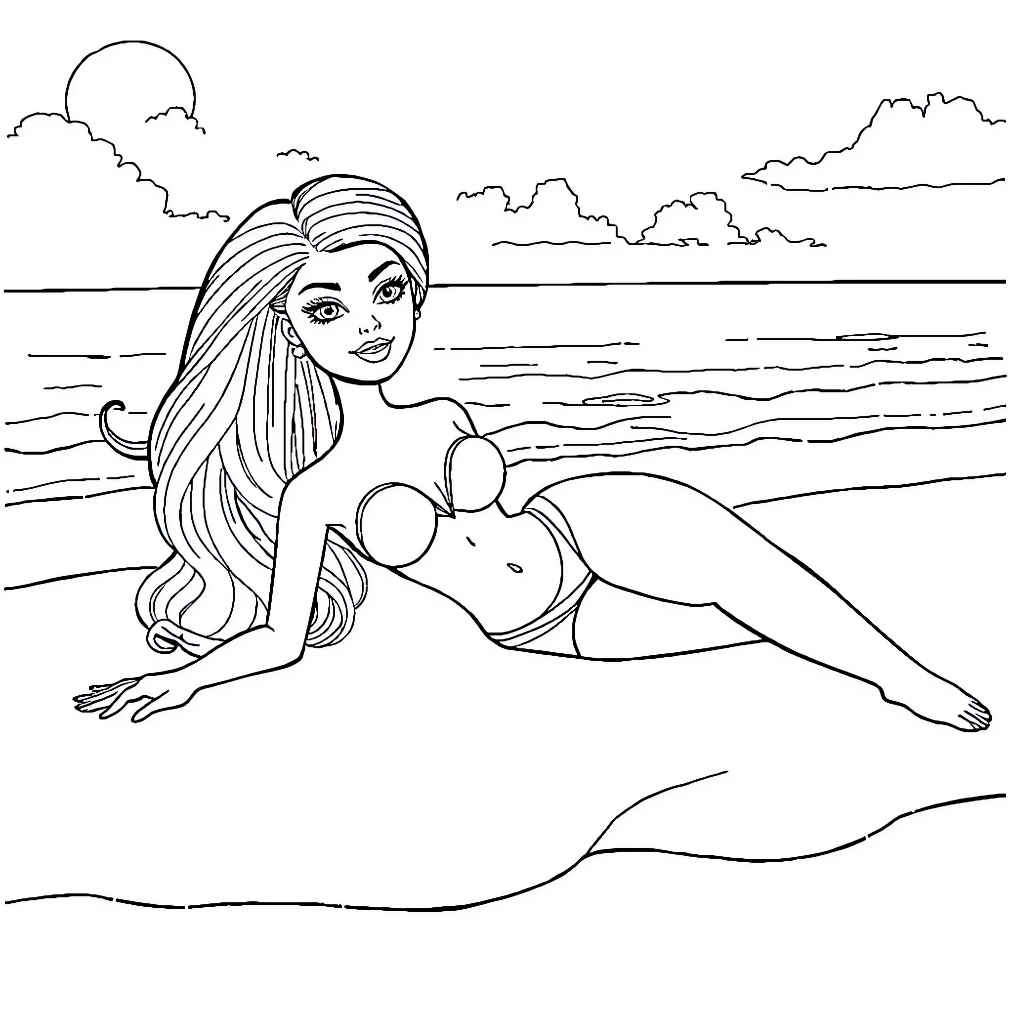 Barbie relaxing on the beach Coloring Page (free black-and-white line drawing printable PDF for all, from beginners to advanced learners, including children, teens, adults, and seniors)