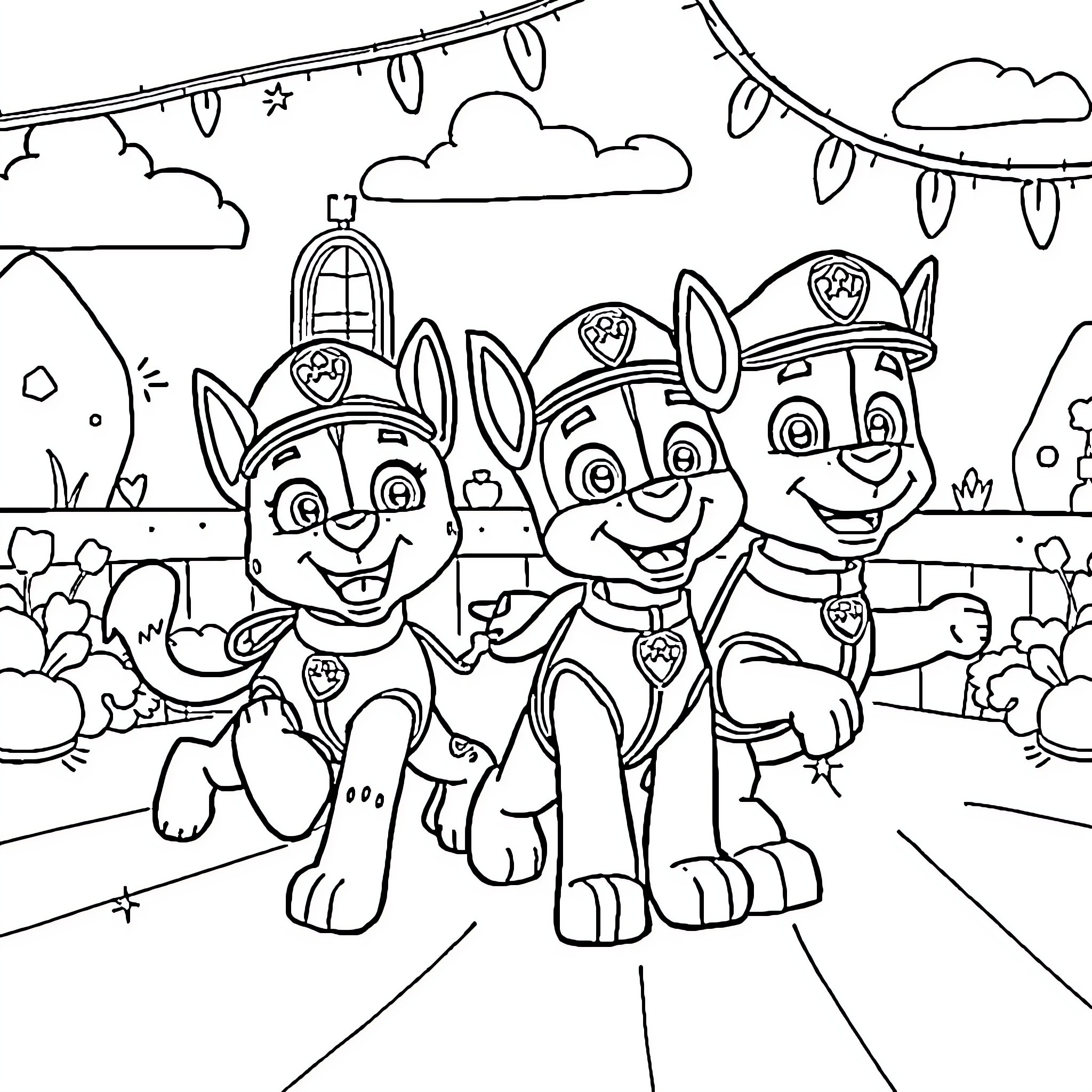 Paw Patrol Pups in Cheerful Outdoor Adventure Coloring Page (free black-and-white line drawing printable PDF for all, from beginners to advanced learners, including children, teens, adults, and seniors)