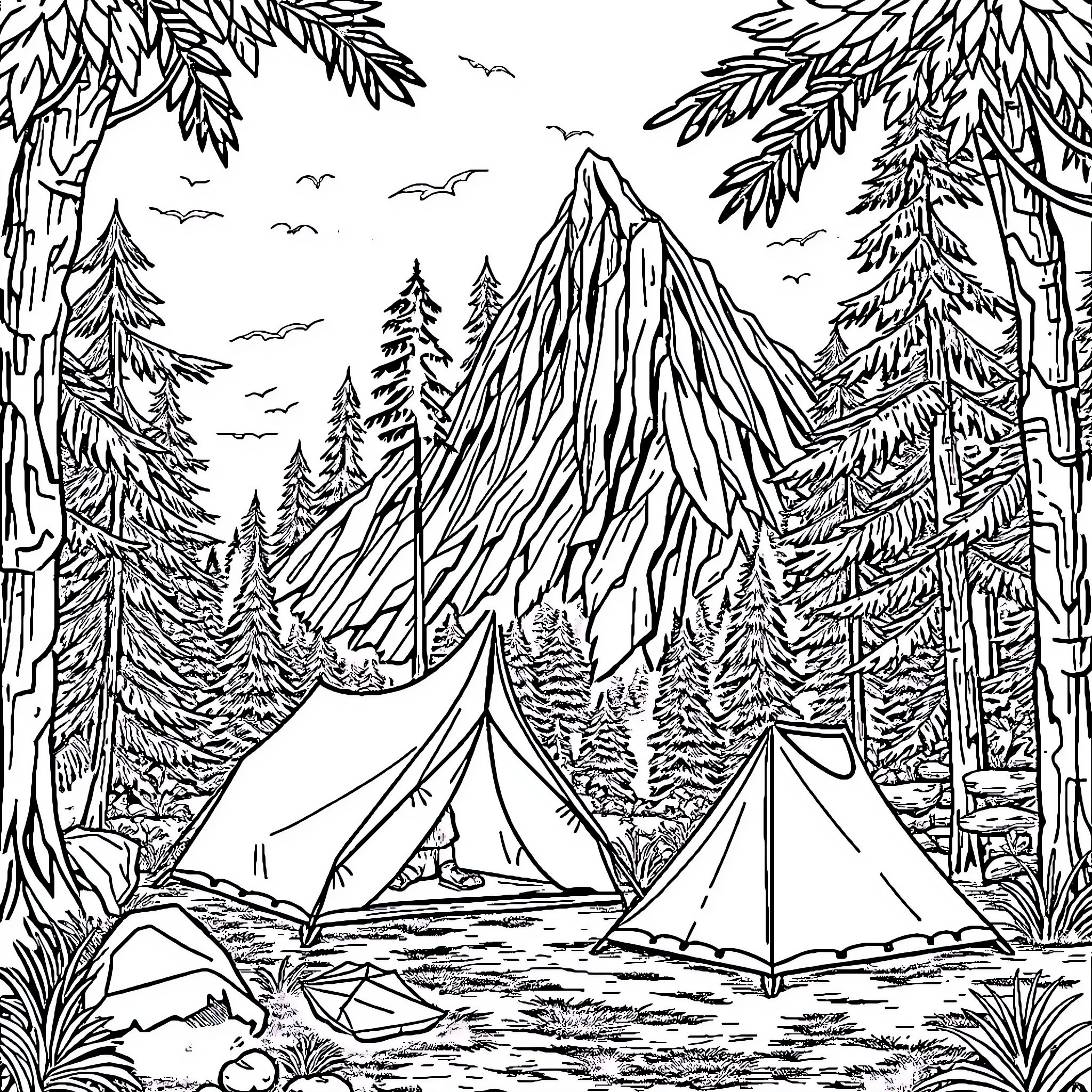 Camping in the majestic wilderness Coloring Page (free black-and-white line drawing printable PDF for all, from beginners to advanced learners, including children, teens, adults, and seniors)
