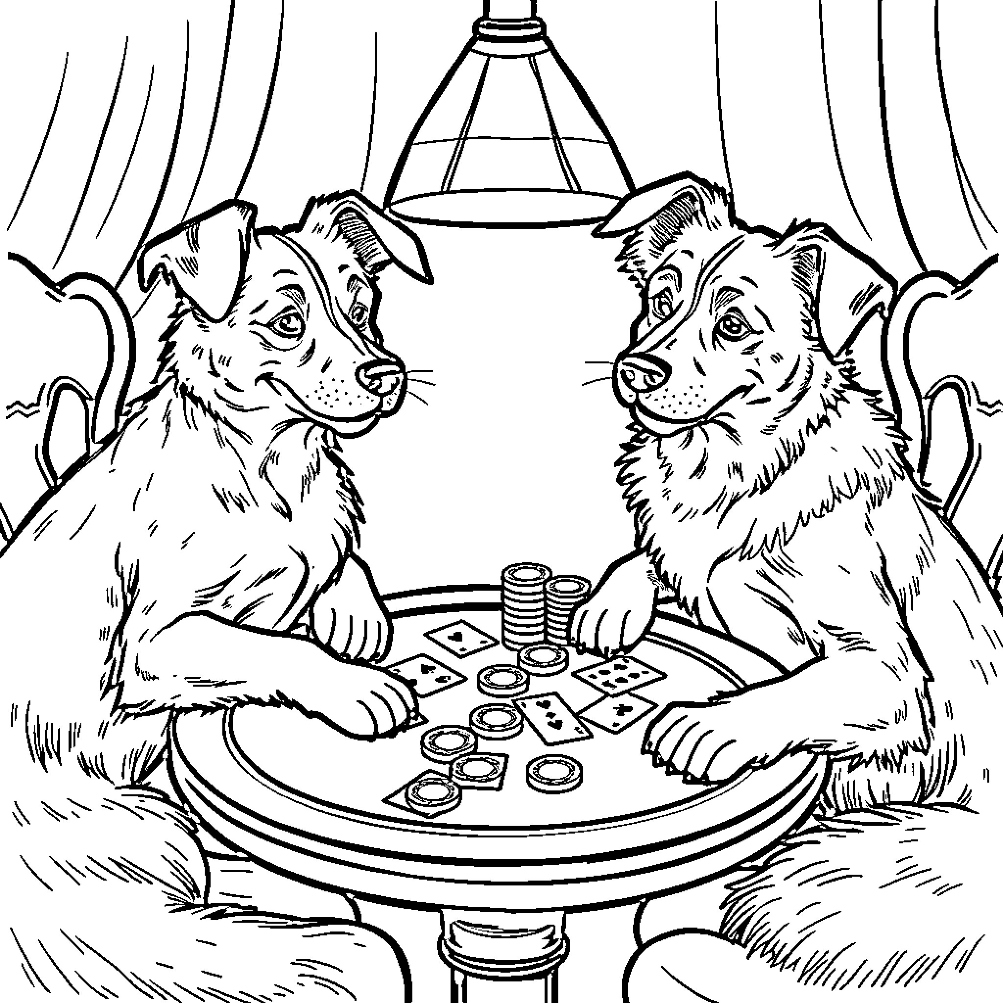 Dogs playing a board game together Coloring Page (free black-and-white line drawing printable PDF for all, from beginners to advanced learners, including children, teens, adults, and seniors)