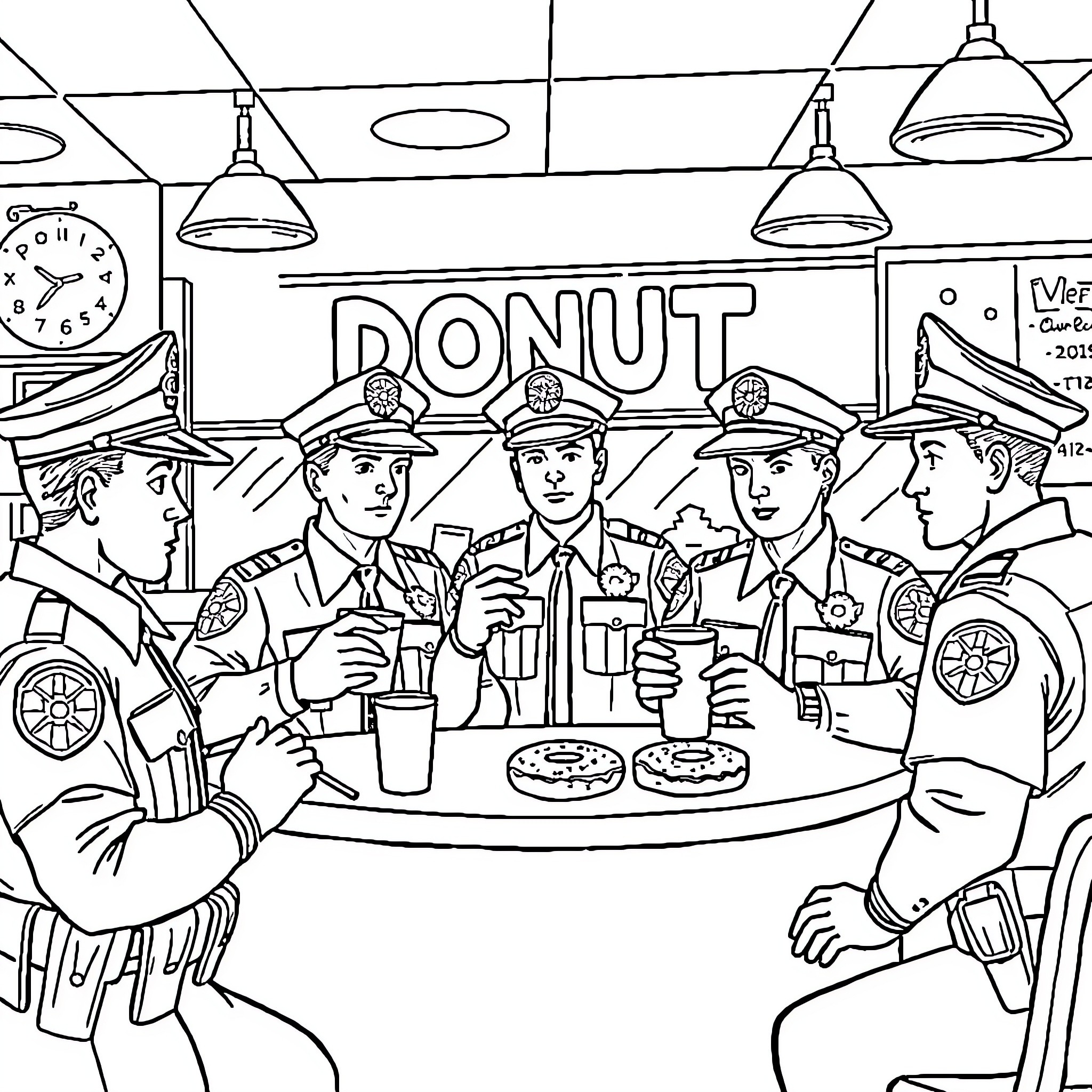 Police Officers Enjoying Donuts at the Precinct Coloring Page (free black-and-white line drawing printable PDF for all, from beginners to advanced learners, including children, teens, adults, and seniors)