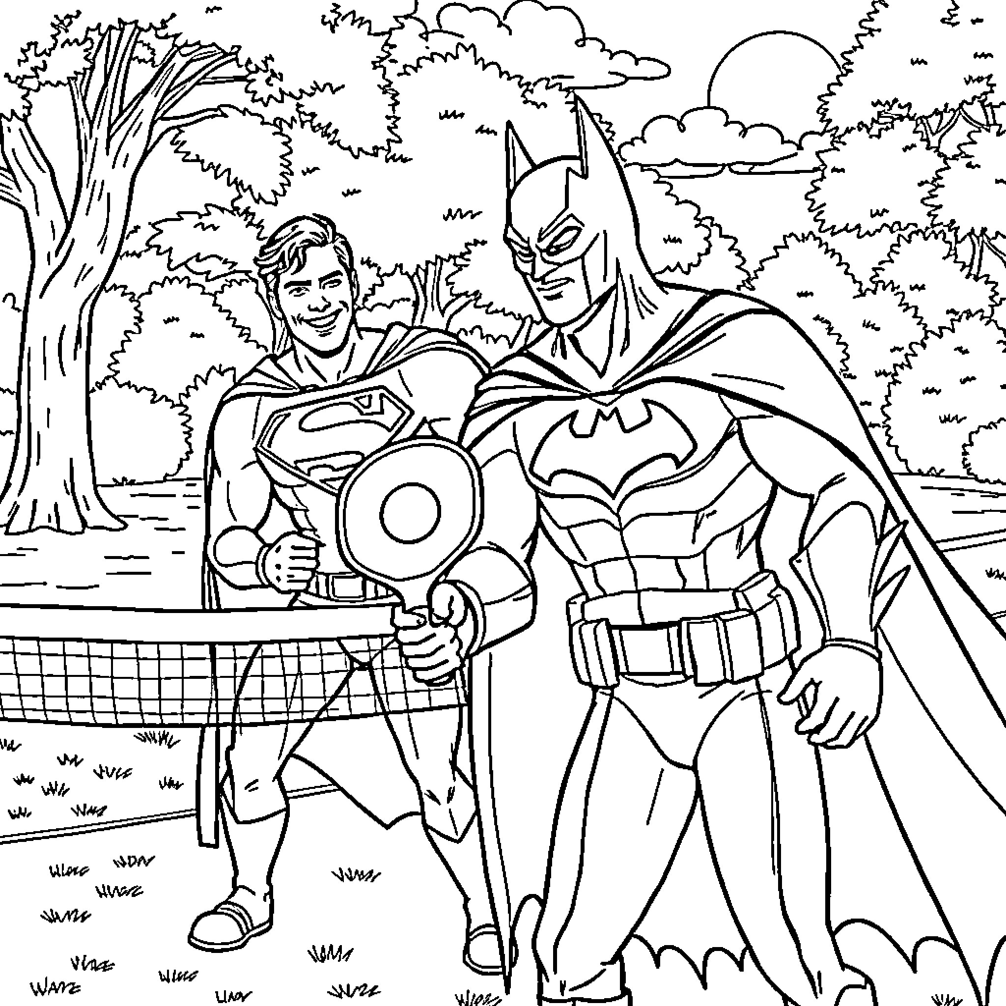 Superman and Batman playing tennis in the park Coloring Page (free black-and-white line drawing printable PDF for all, from beginners to advanced learners, including children, teens, adults, and seniors)