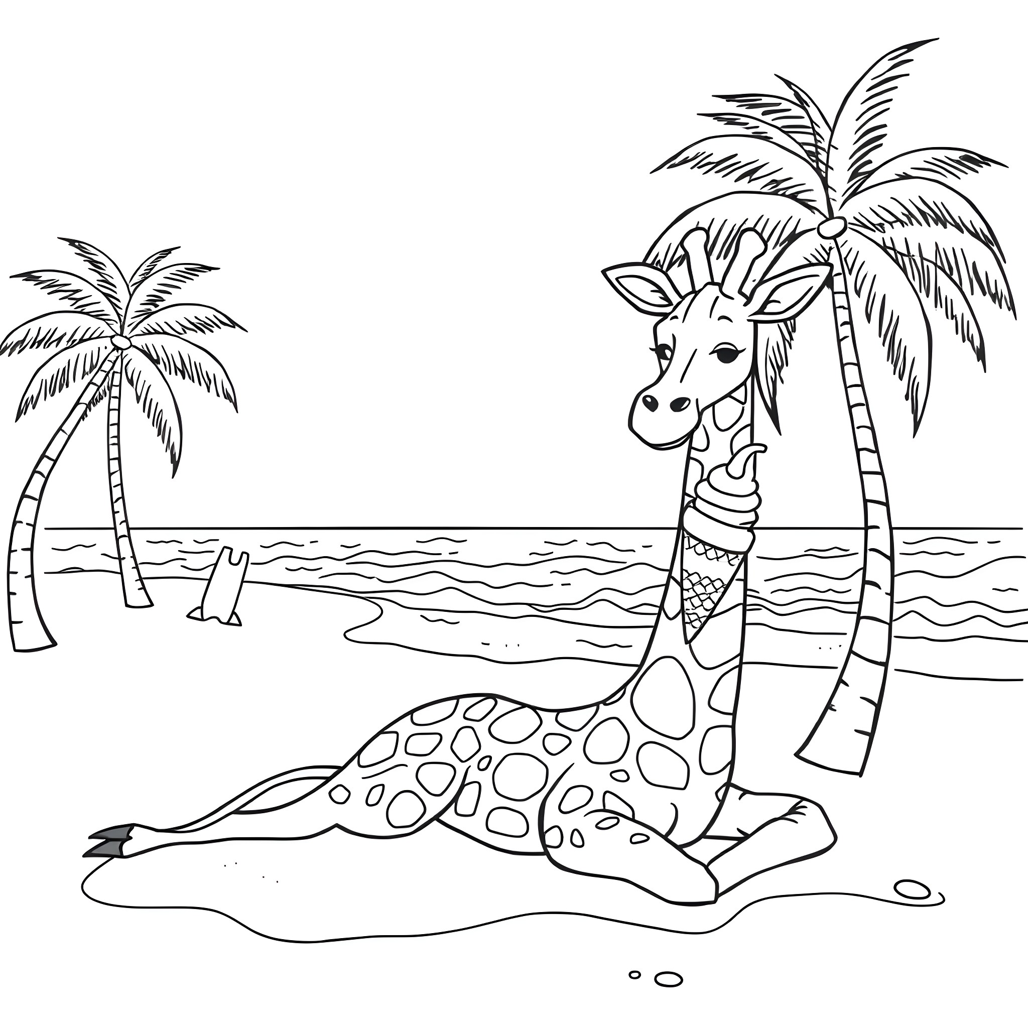 Giraffe relaxing on tropical beach Coloring Page (free black-and-white line drawing printable PDF for all, from beginners to advanced learners, including children, teens, adults, and seniors)