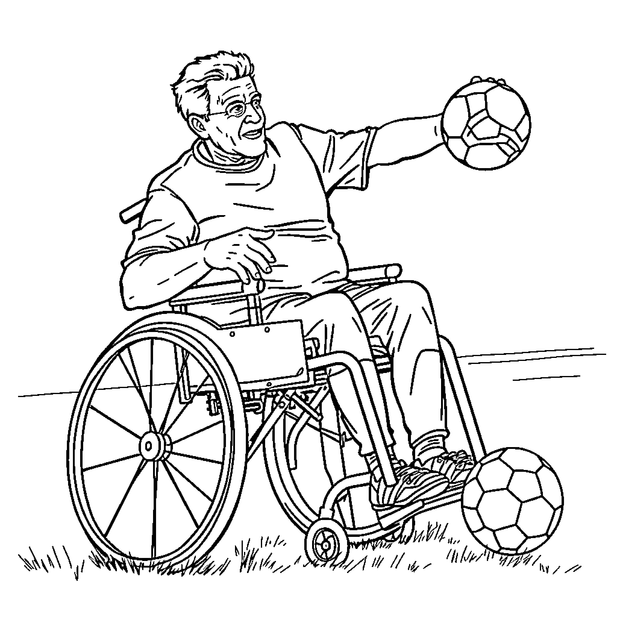 Man playing soccer in wheelchair on field Coloring Page (free black-and-white line drawing printable PDF for all, from beginners to advanced learners, including children, teens, adults, and seniors)