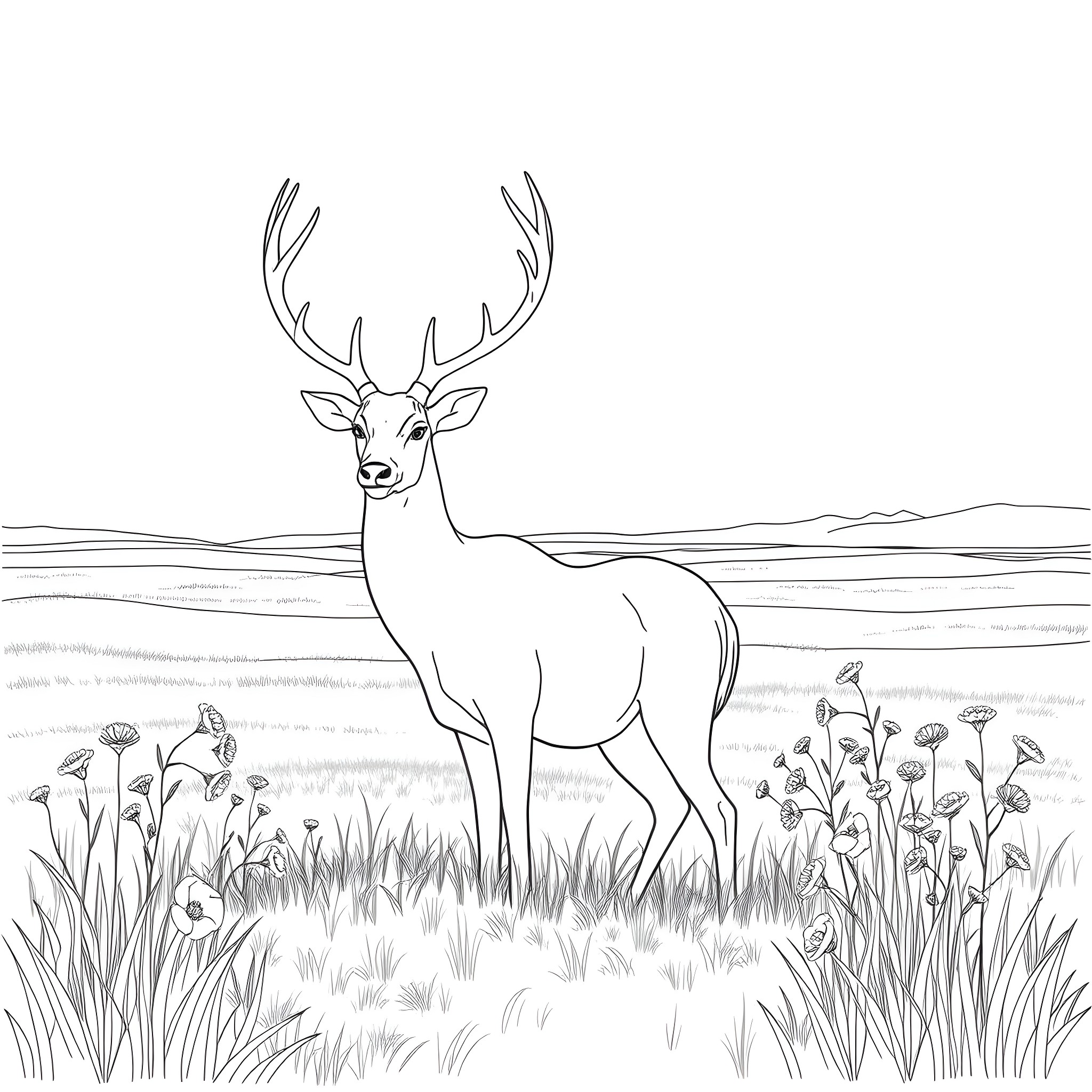 Deer standing in grassy field Coloring Page (free black-and-white line drawing printable PDF for all, from beginners to advanced learners, including children, teens, adults, and seniors)