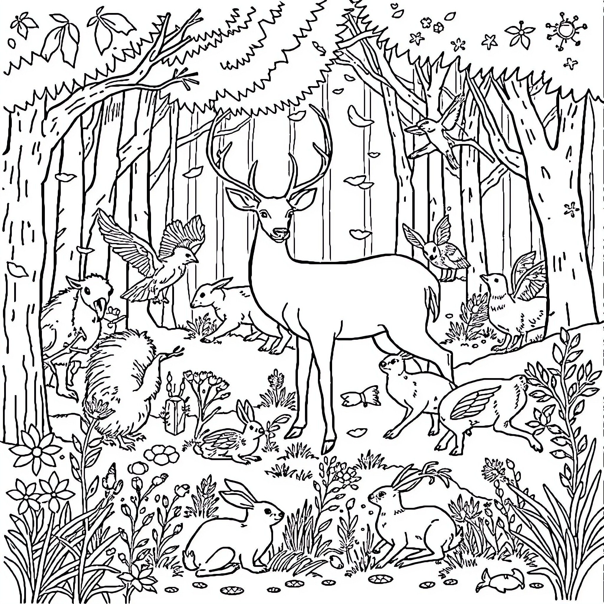 Animal forest scene with deer, birds, and rabbits Coloring Page (free black-and-white line drawing printable PDF for all, from beginners to advanced learners, including children, teens, adults, and seniors)