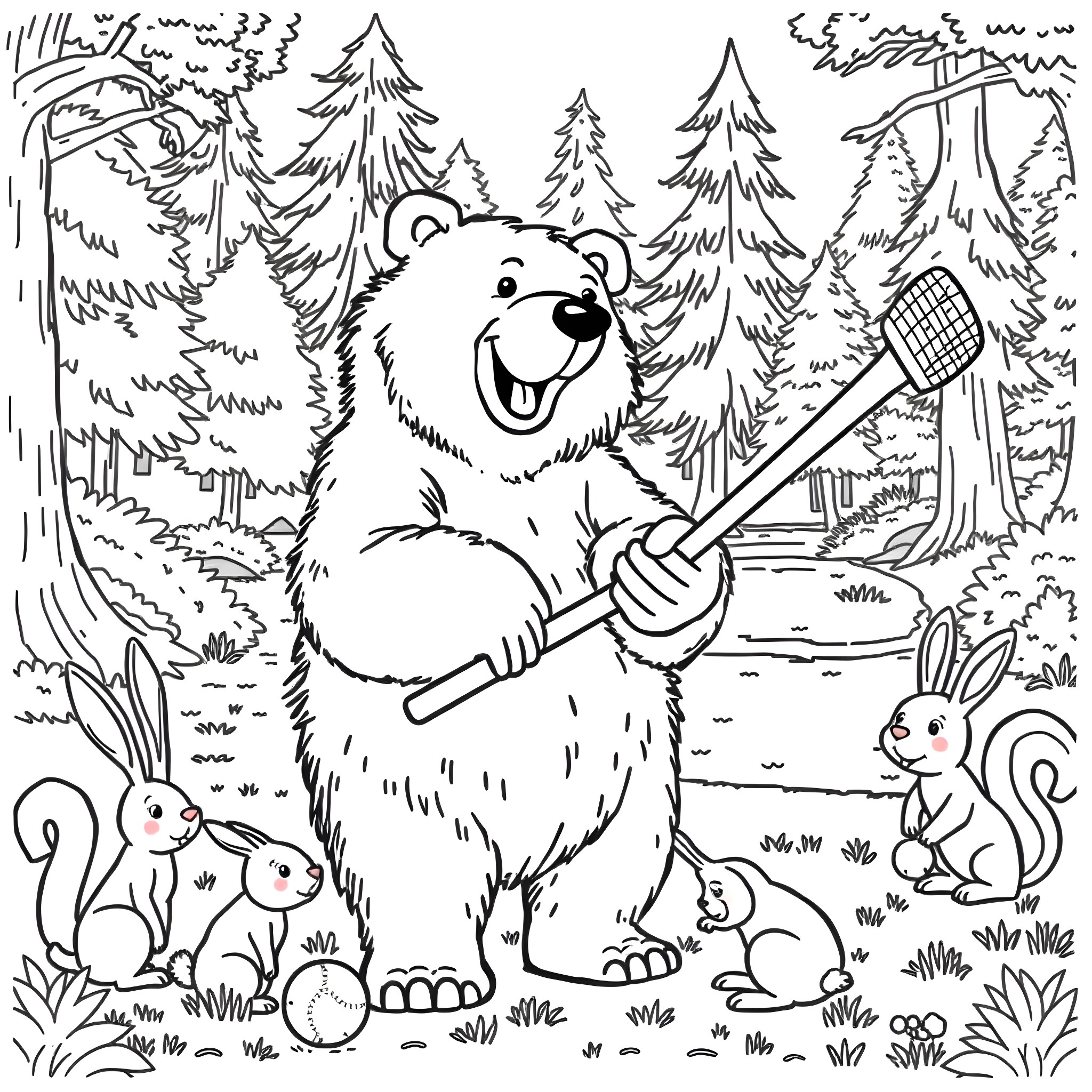 Bear exploring the forest with wildlife Coloring Page (free black-and-white line drawing printable PDF for all, from beginners to advanced learners, including children, teens, adults, and seniors)