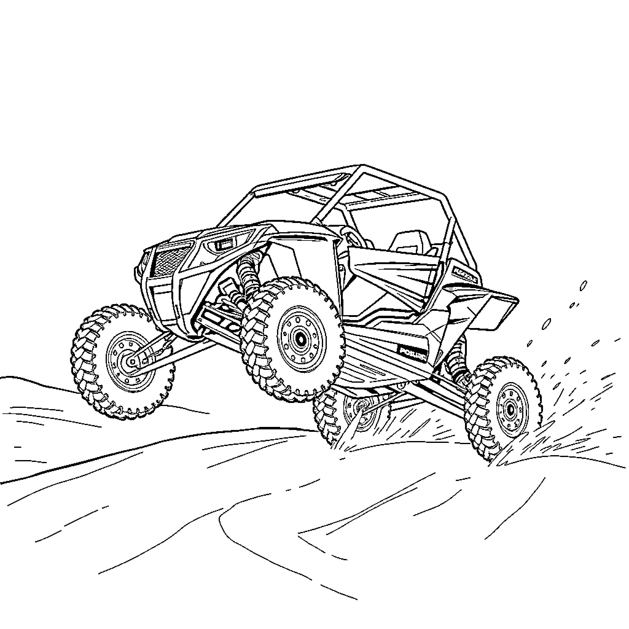 Polaris RZR speeding through rugged terrain Coloring Page (free black-and-white line drawing printable PDF for all, from beginners to advanced learners, including children, teens, adults, and seniors)