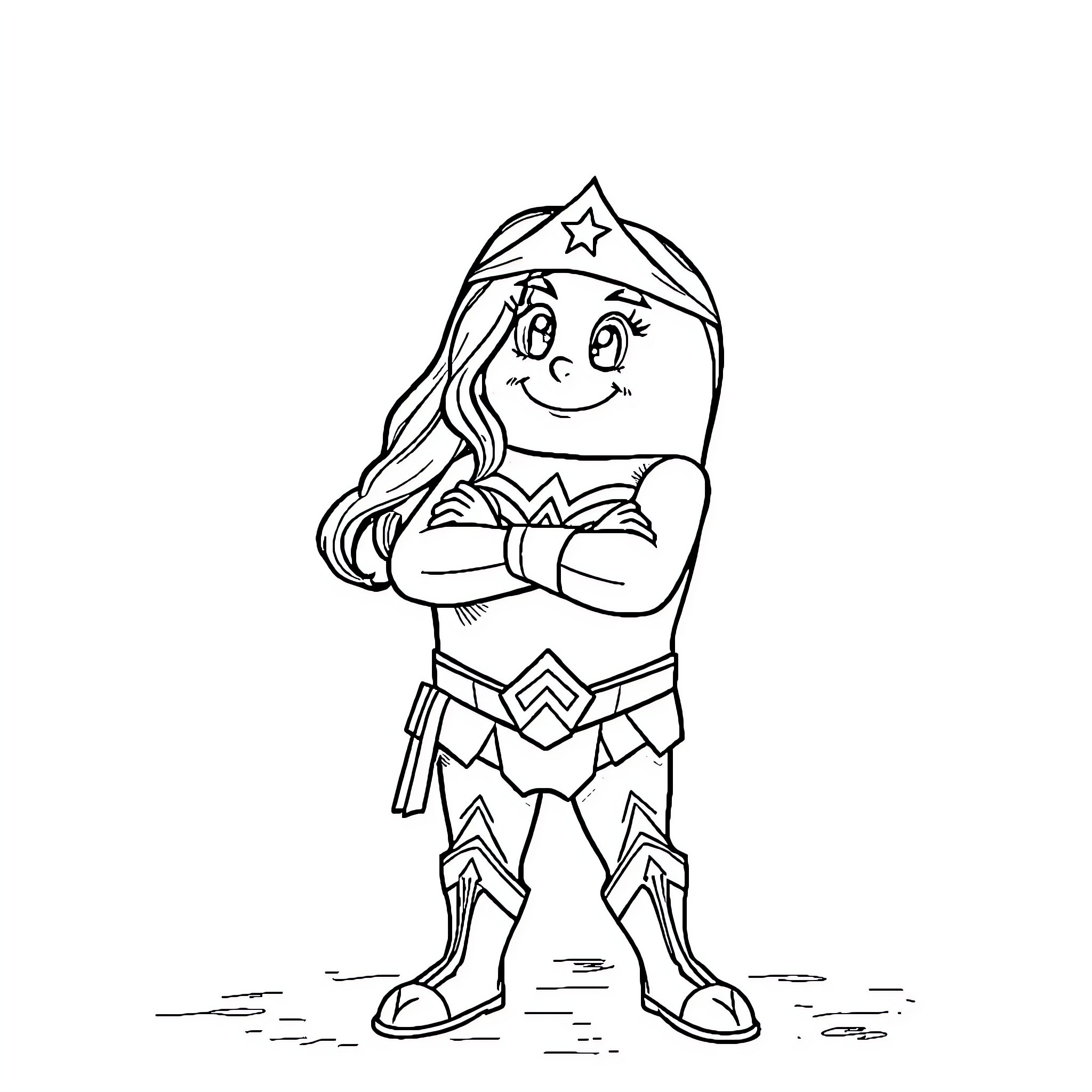 Cinnamon Roll Superhero Heroine Posing Coloring Page (free black-and-white line drawing printable PDF for all, from beginners to advanced learners, including children, teens, adults, and seniors)