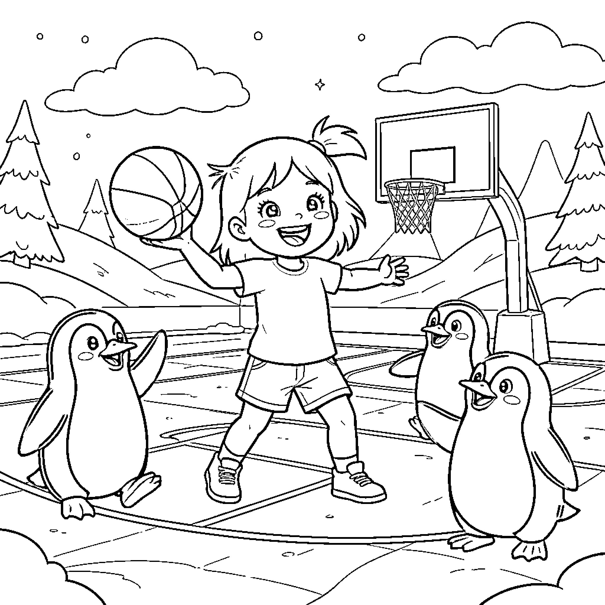 Girl playing basketball with penguins in winter landscape Coloring Page (free black-and-white line drawing printable PDF for all, from beginners to advanced learners, including children, teens, adults, and seniors)