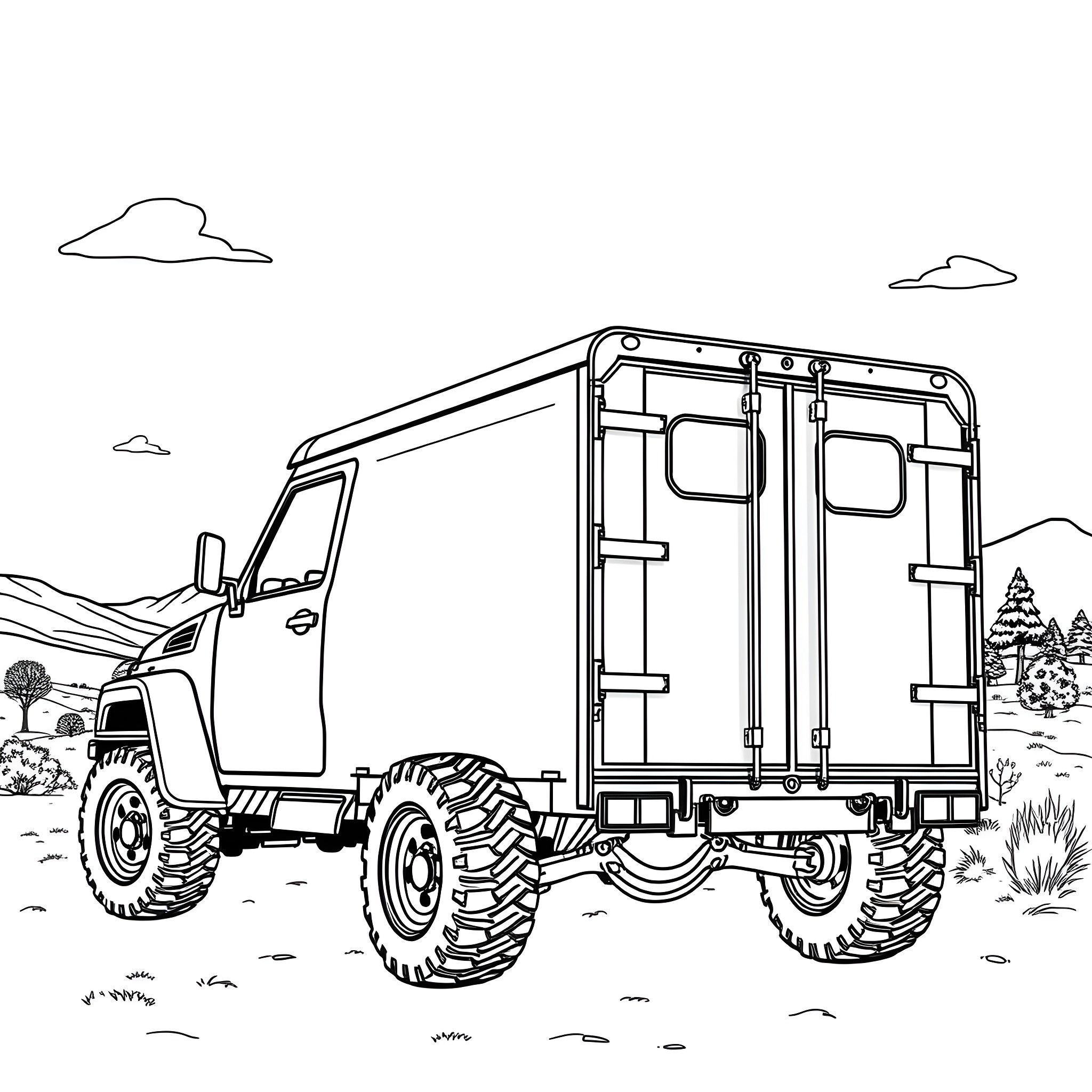 Car Trailer Carrying Outdoor Adventure Gear Coloring Page (free black-and-white line drawing printable PDF for all, from beginners to advanced learners, including children, teens, adults, and seniors)