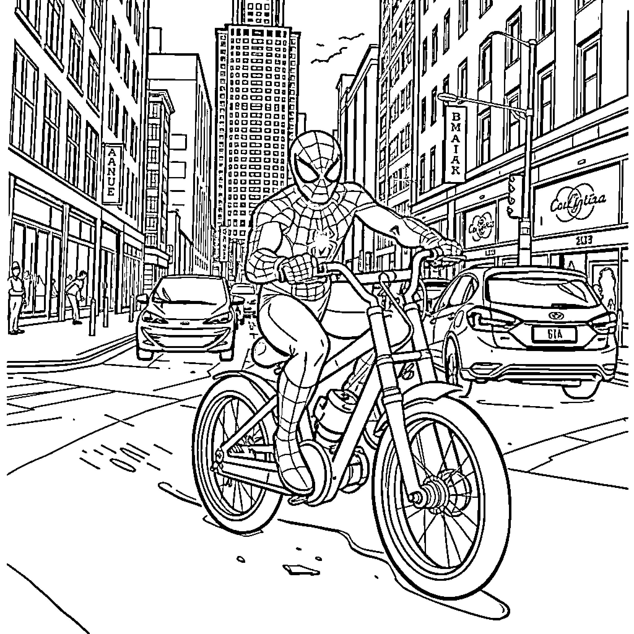 Spider-Man riding a bicycle in the city Coloring Page (free black-and-white line drawing printable PDF for all, from beginners to advanced learners, including children, teens, adults, and seniors)