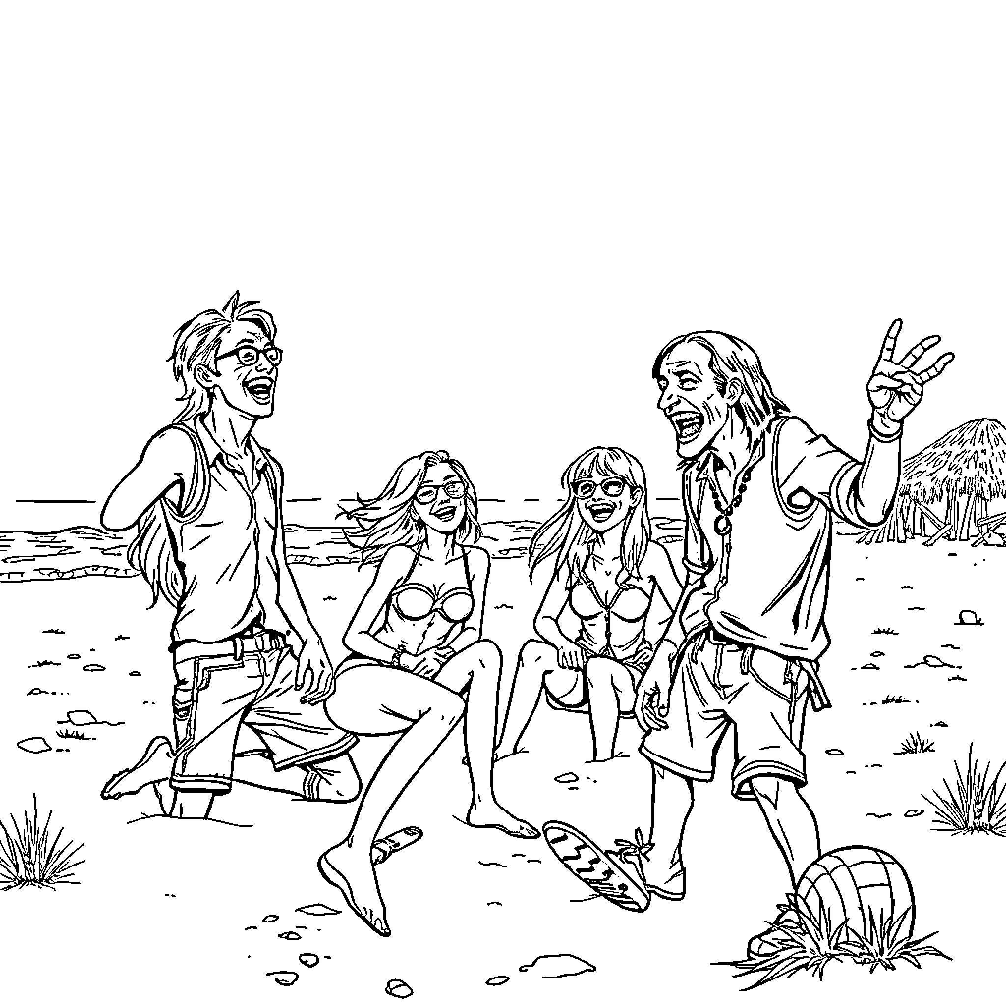 Walking Dead characters enjoying a carefree moment on the beach Coloring Page (free black-and-white line drawing printable PDF for all, from beginners to advanced learners, including children, teens, adults, and seniors)