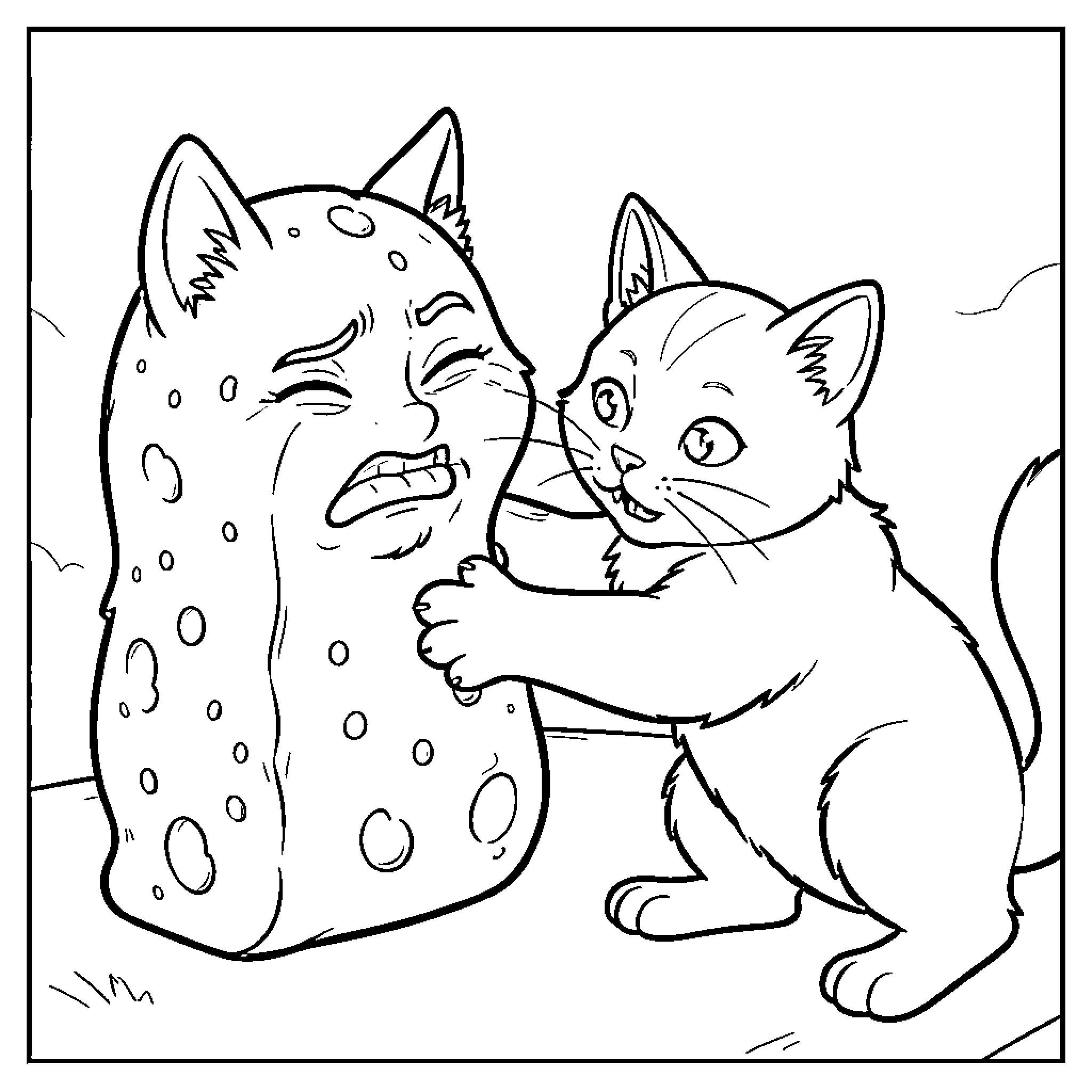 Sponge character crying while being comforted by a kitten Coloring Page (free black-and-white line drawing printable PDF for all, from beginners to advanced learners, including children, teens, adults, and seniors)