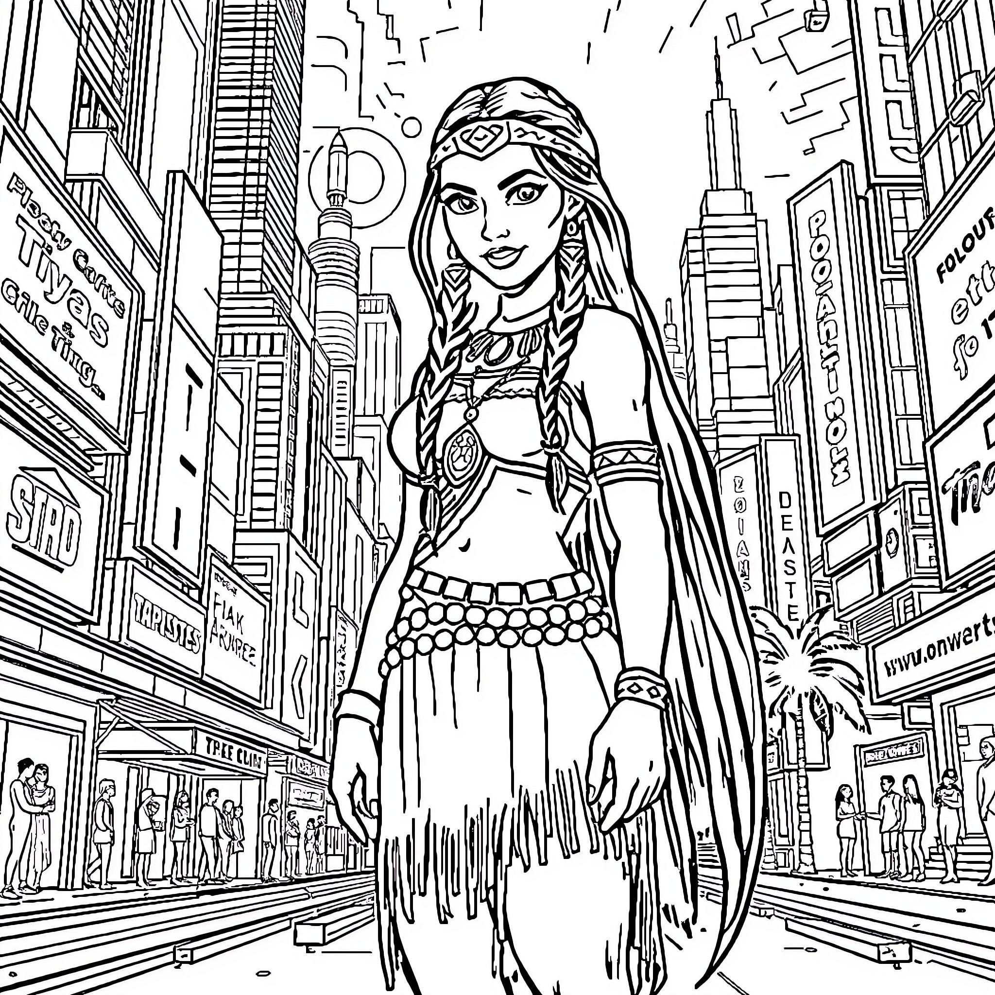Pocahontas exploring the bustling city streets Coloring Page (free black-and-white line drawing printable PDF for all, from beginners to advanced learners, including children, teens, adults, and seniors)