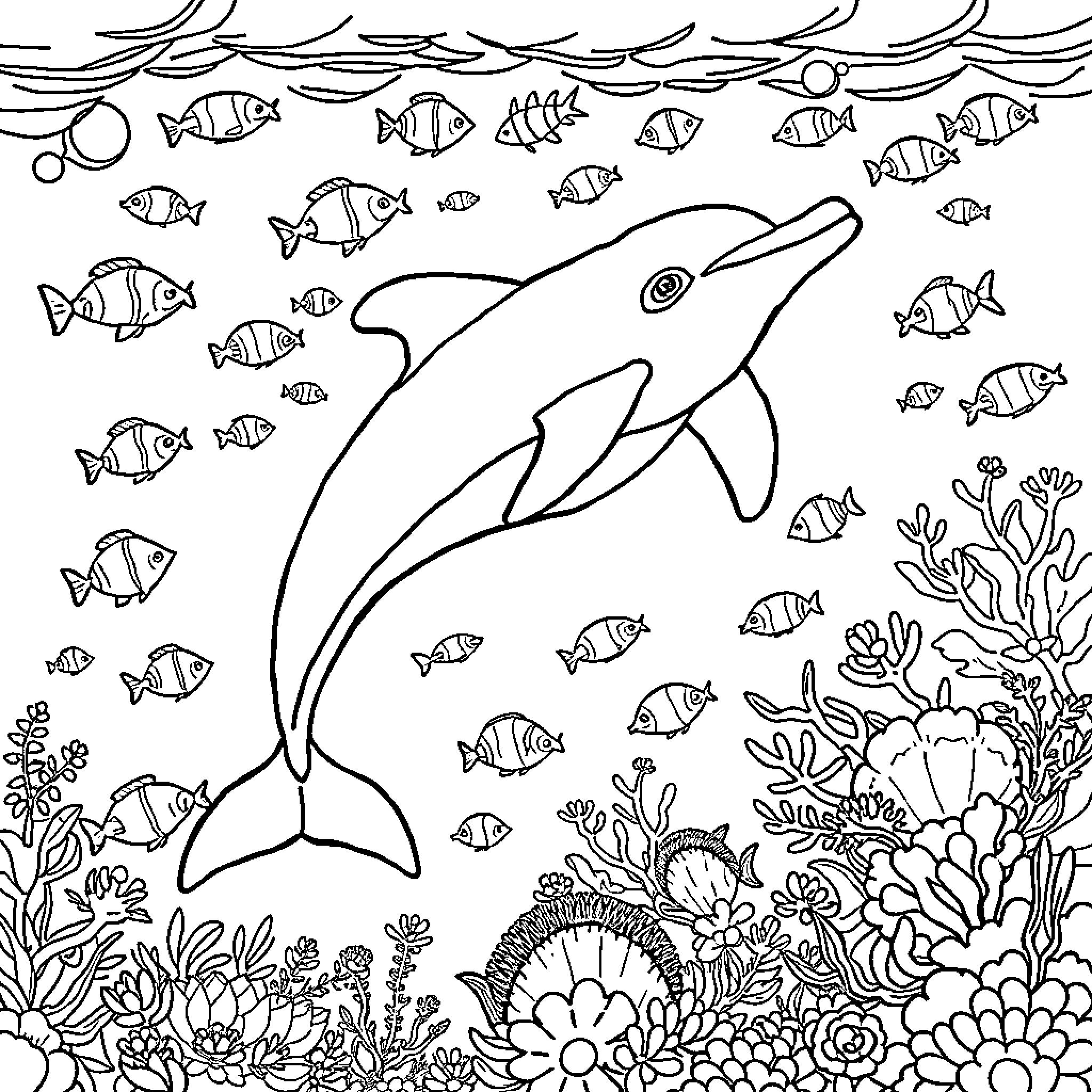 Dolphin swimming among colorful fish and coral reef Coloring Page (free black-and-white line drawing printable PDF for all, from beginners to advanced learners, including children, teens, adults, and seniors)