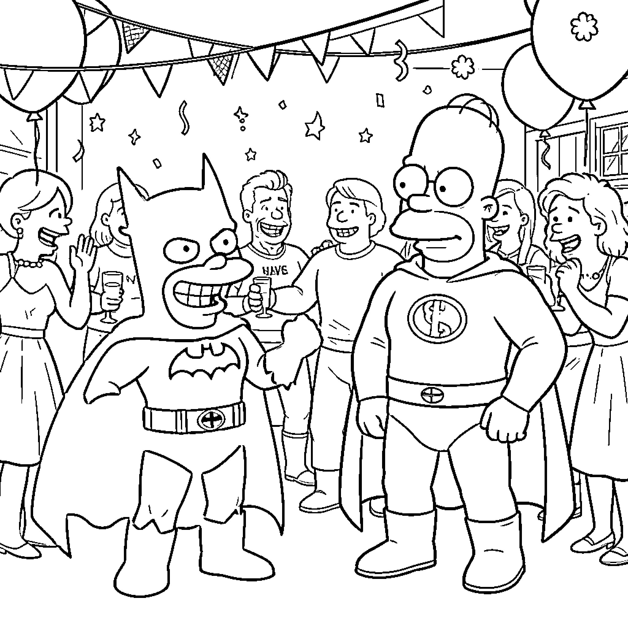 Simpson characters celebrating at a party Coloring Page (free black-and-white line drawing printable PDF for all, from beginners to advanced learners, including children, teens, adults, and seniors)