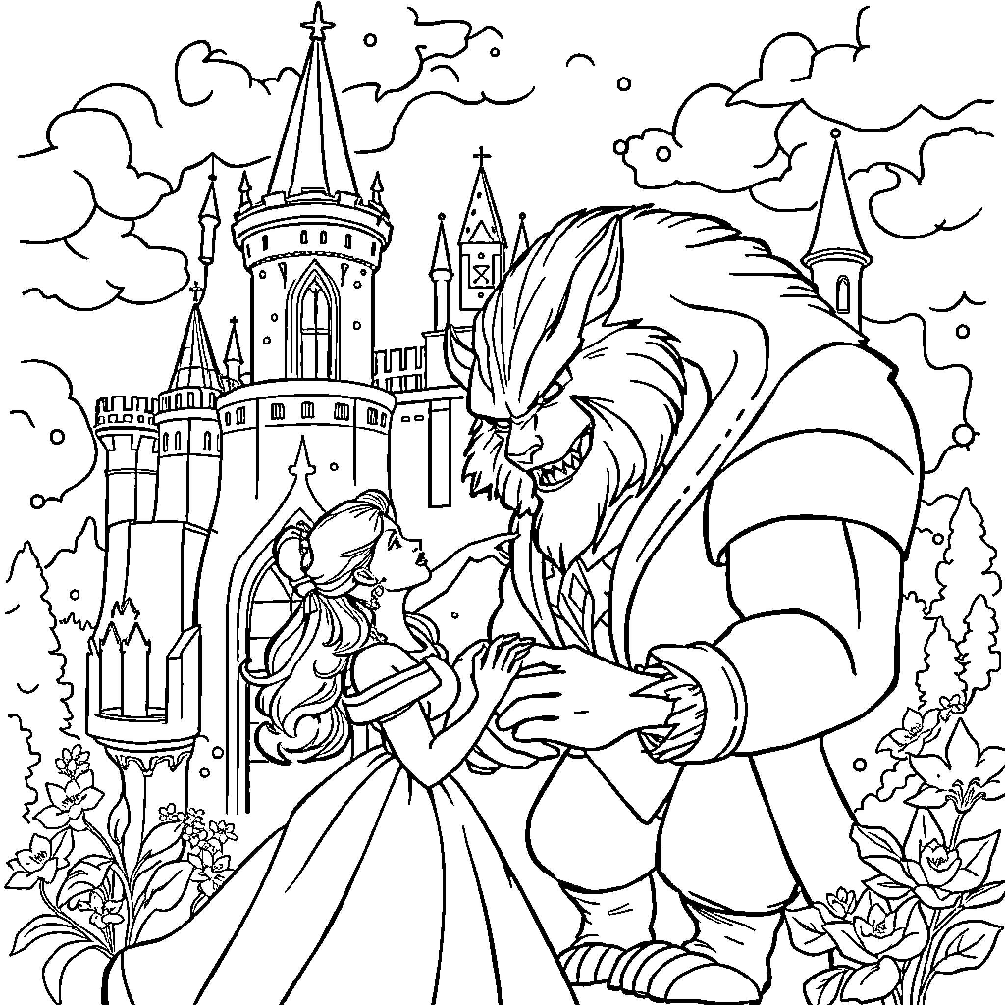 Beauty And The Beast: A Fairy Tale Castle Adventure Coloring Page (free black-and-white line drawing printable PDF for all, from beginners to advanced learners, including children, teens, adults, and seniors)