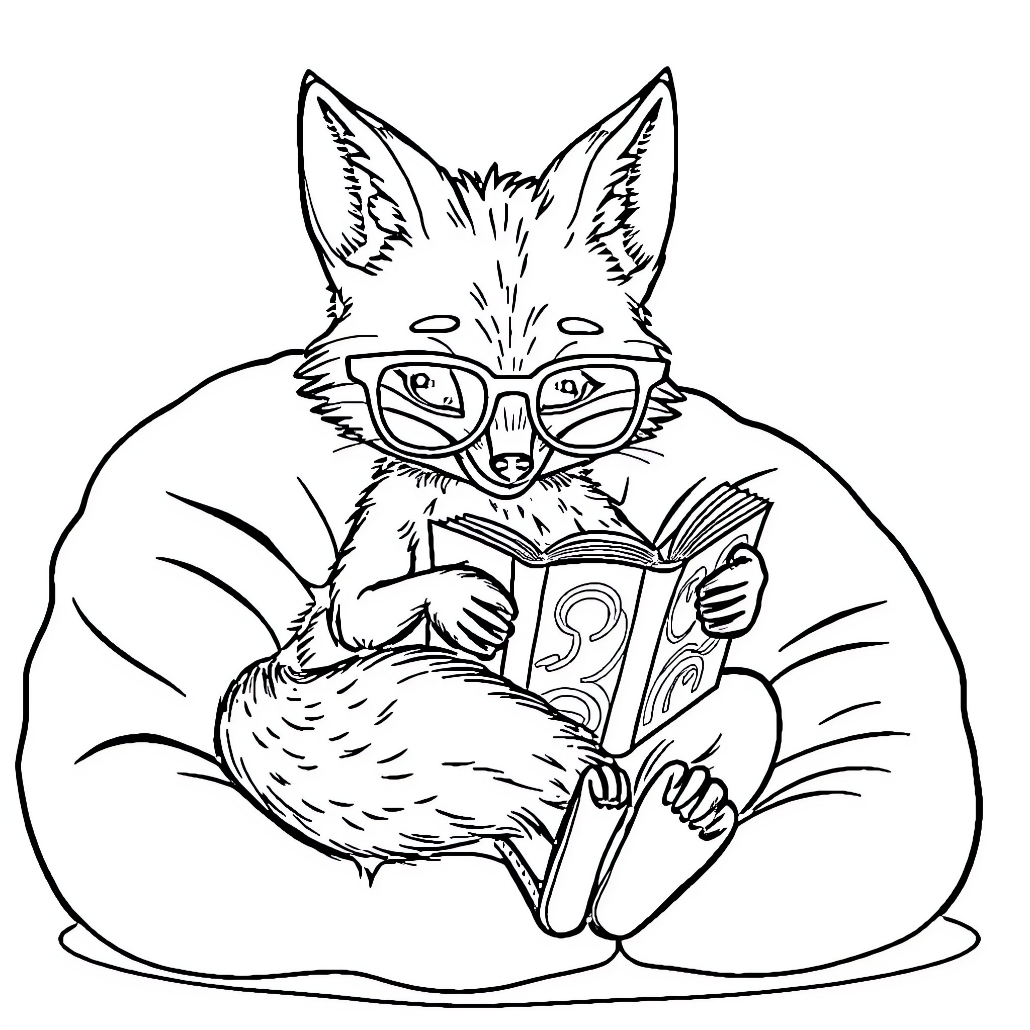 Fox reading a book in glasses Coloring Page (free black-and-white line drawing printable PDF for all, from beginners to advanced learners, including children, teens, adults, and seniors)