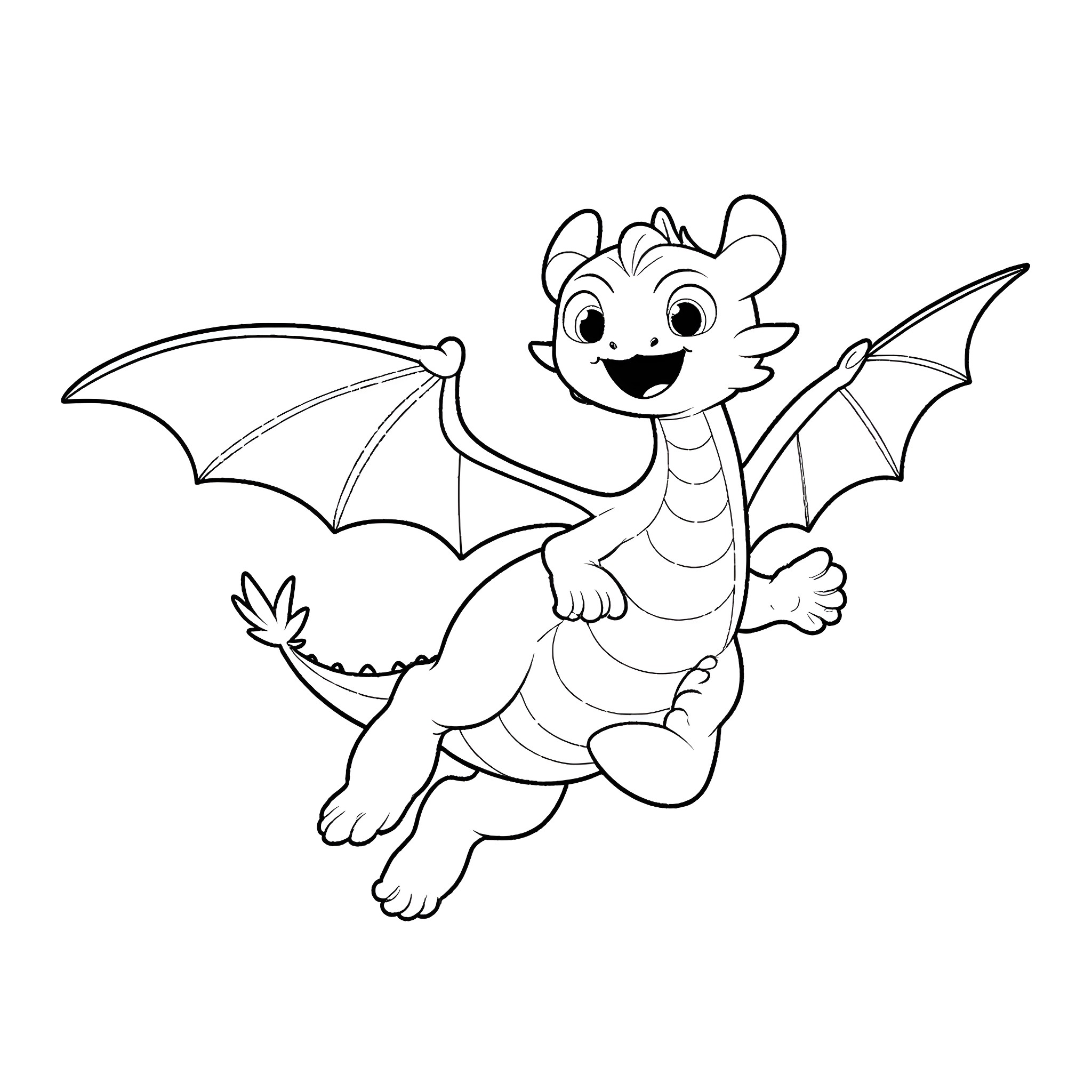 Toothless the dragon flying happily Coloring Page (free black-and-white line drawing printable PDF for all, from beginners to advanced learners, including children, teens, adults, and seniors)