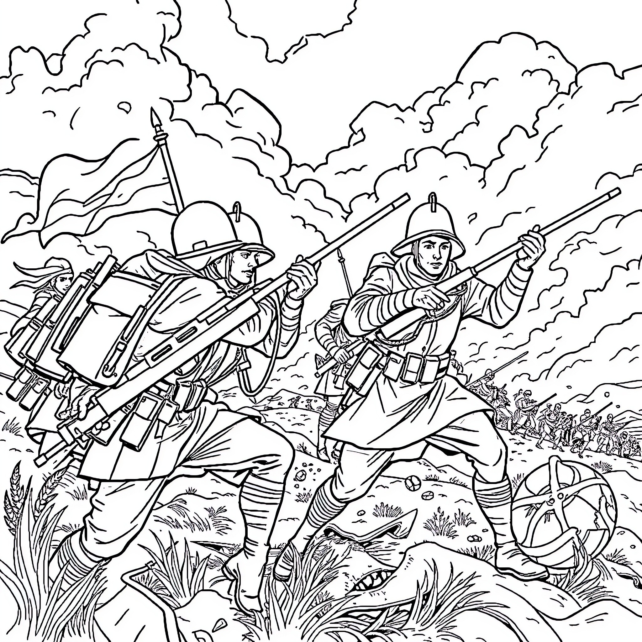 War scene with soldiers in combat gear Coloring Page (free black-and-white line drawing printable PDF for all, from beginners to advanced learners, including children, teens, adults, and seniors)