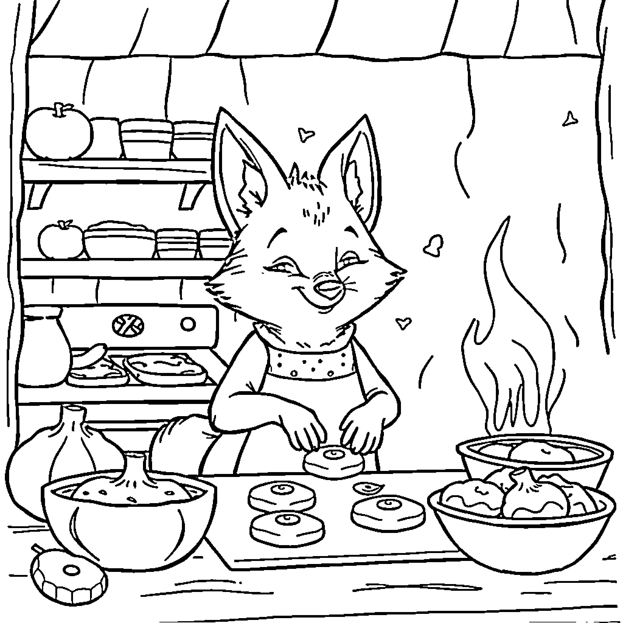 Fox preparing a meal in the kitchen Coloring Page (free black-and-white line drawing printable PDF for all, from beginners to advanced learners, including children, teens, adults, and seniors)