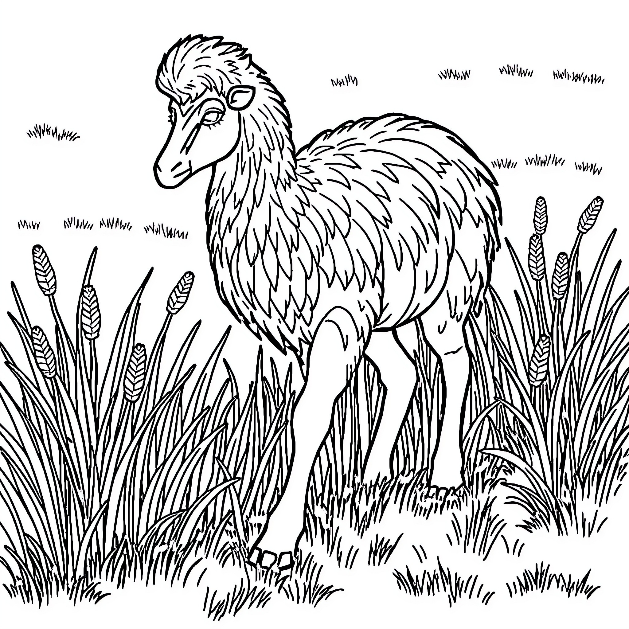 Animal standing in tall grass field Coloring Page (free black-and-white line drawing printable PDF for all, from beginners to advanced learners, including children, teens, adults, and seniors)