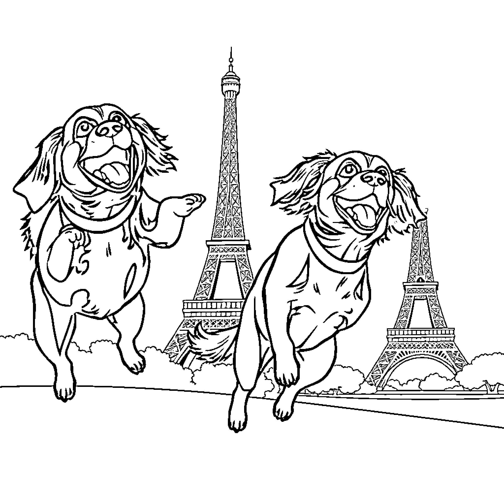 Flying Dog Exploring Iconic Parisian Landmark Coloring Page (free black-and-white line drawing printable PDF for all, from beginners to advanced learners, including children, teens, adults, and seniors)